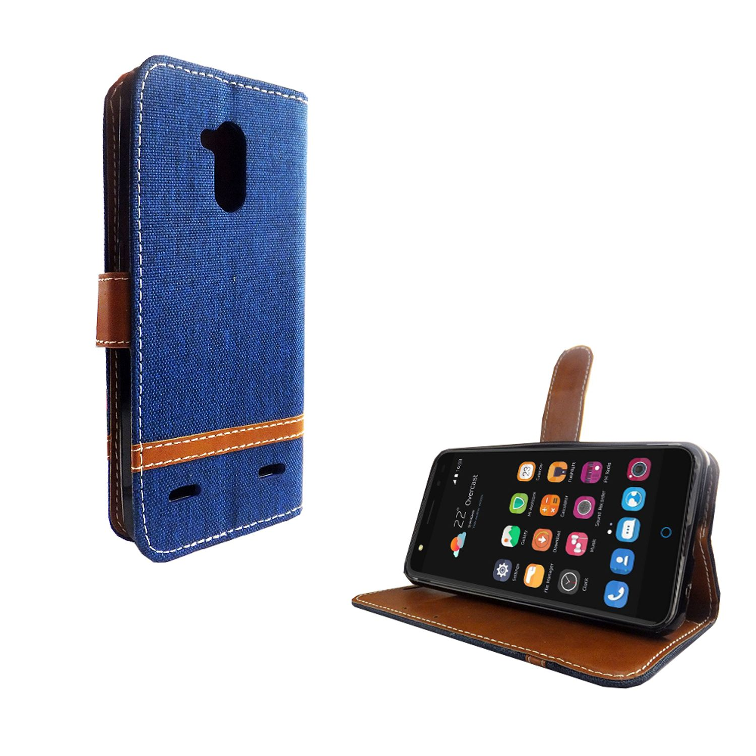 Blau-braune Handyhülle offen, zeigt Telefon mit Apps. Hülle hat blauen Stoff und braune Lederakzente.