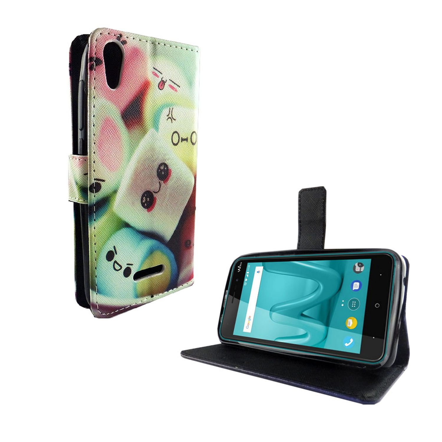 Eine Handyhülle mit Marshmallow-Design und ein Telefon, das einen blauen Bildschirm anzeigt, ist geöffnet. Weißer Hintergrund.