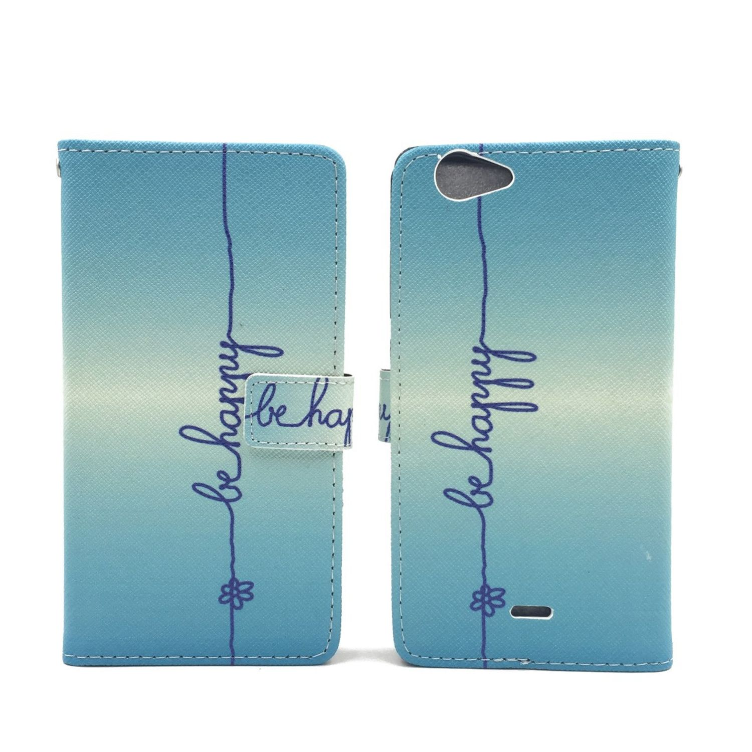 Blaue Handyhülle mit 'be happy' Schriftzug. Geöffnete Handyhülle.