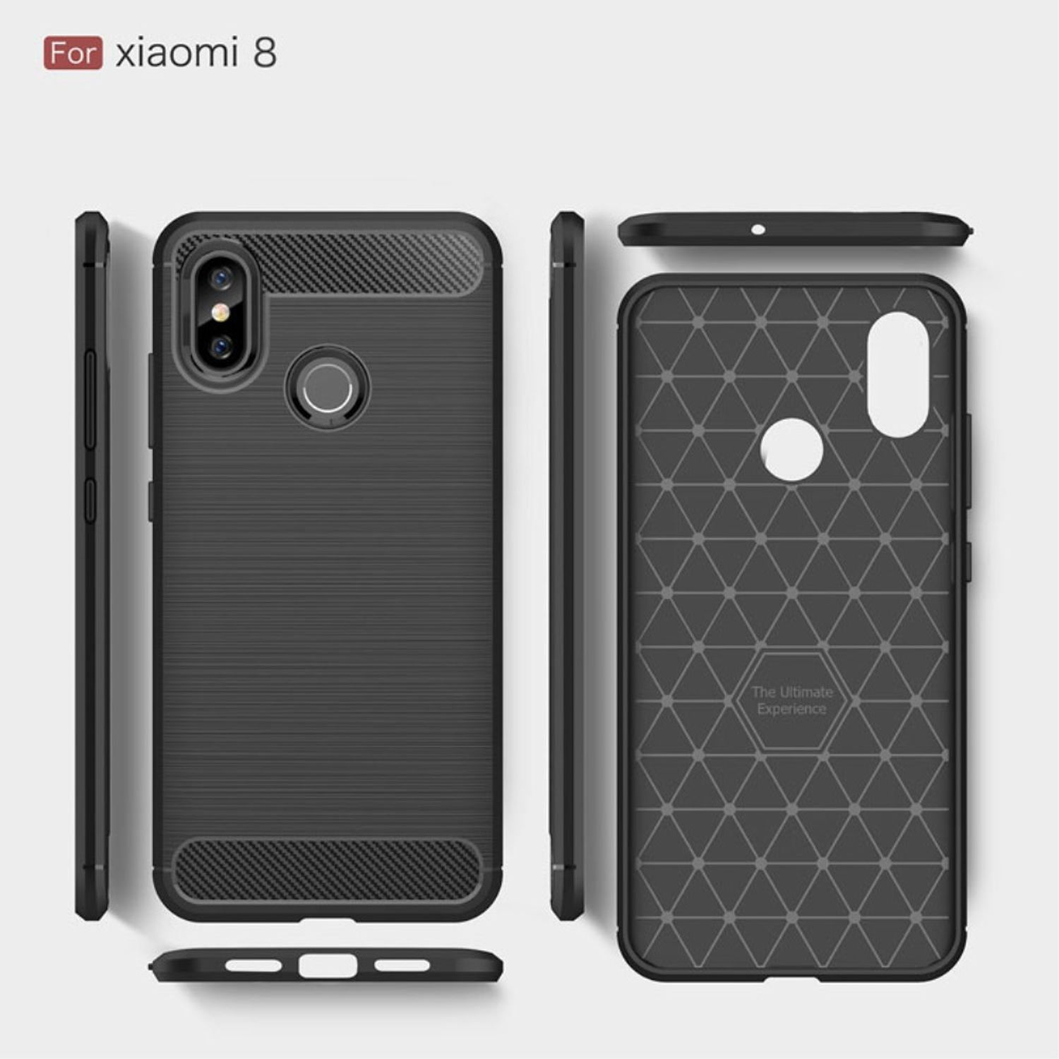 Schwarze Handyhüllen für Xiaomi 8. Mehrere Ansichten zeigen Vorder-, Rück- und Seitenansicht.