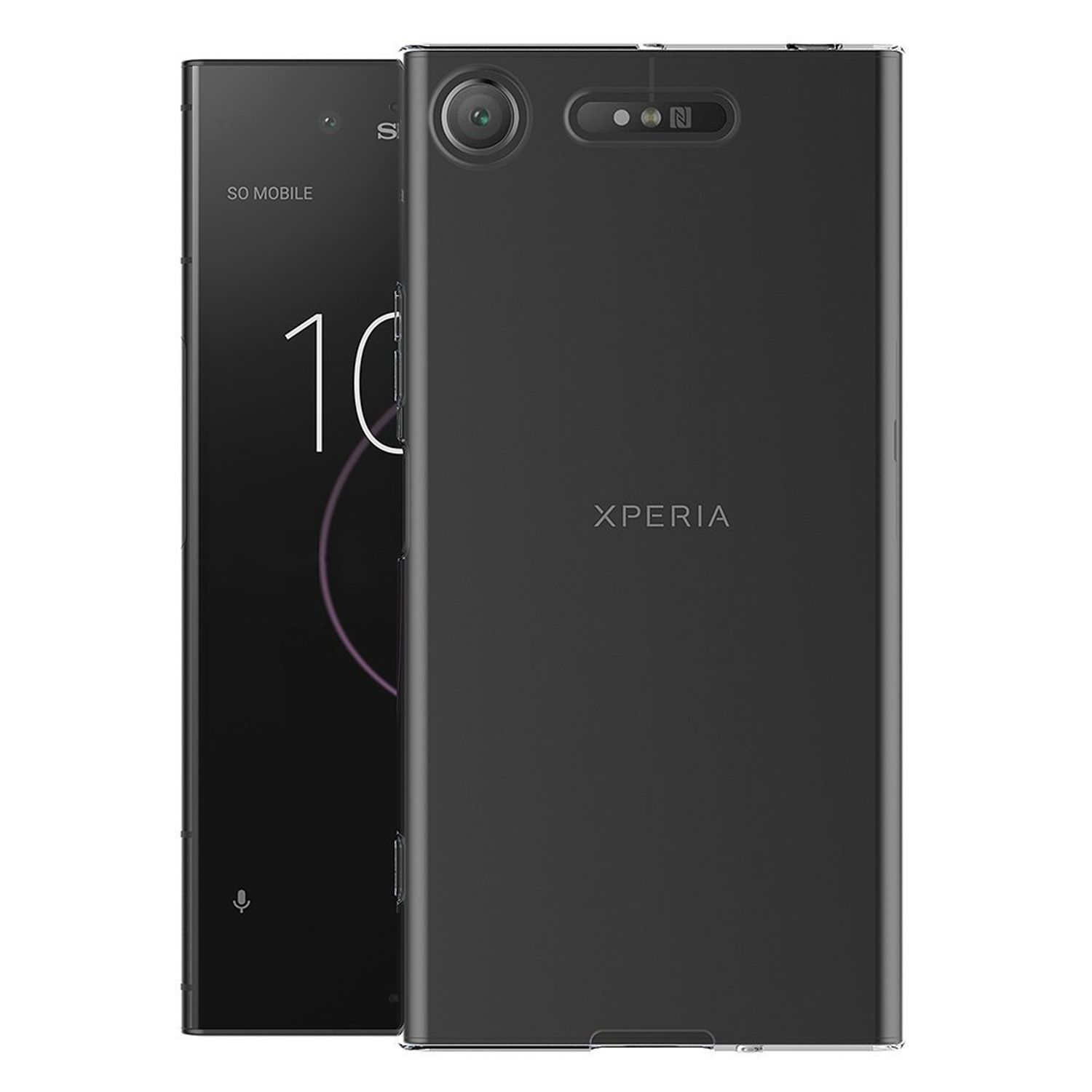 Schwarzes Telefon mit Bildschirm, ein anderes mit Rückseite. Beide haben Kamera und Sony-Logo. Weißer Hintergrund.