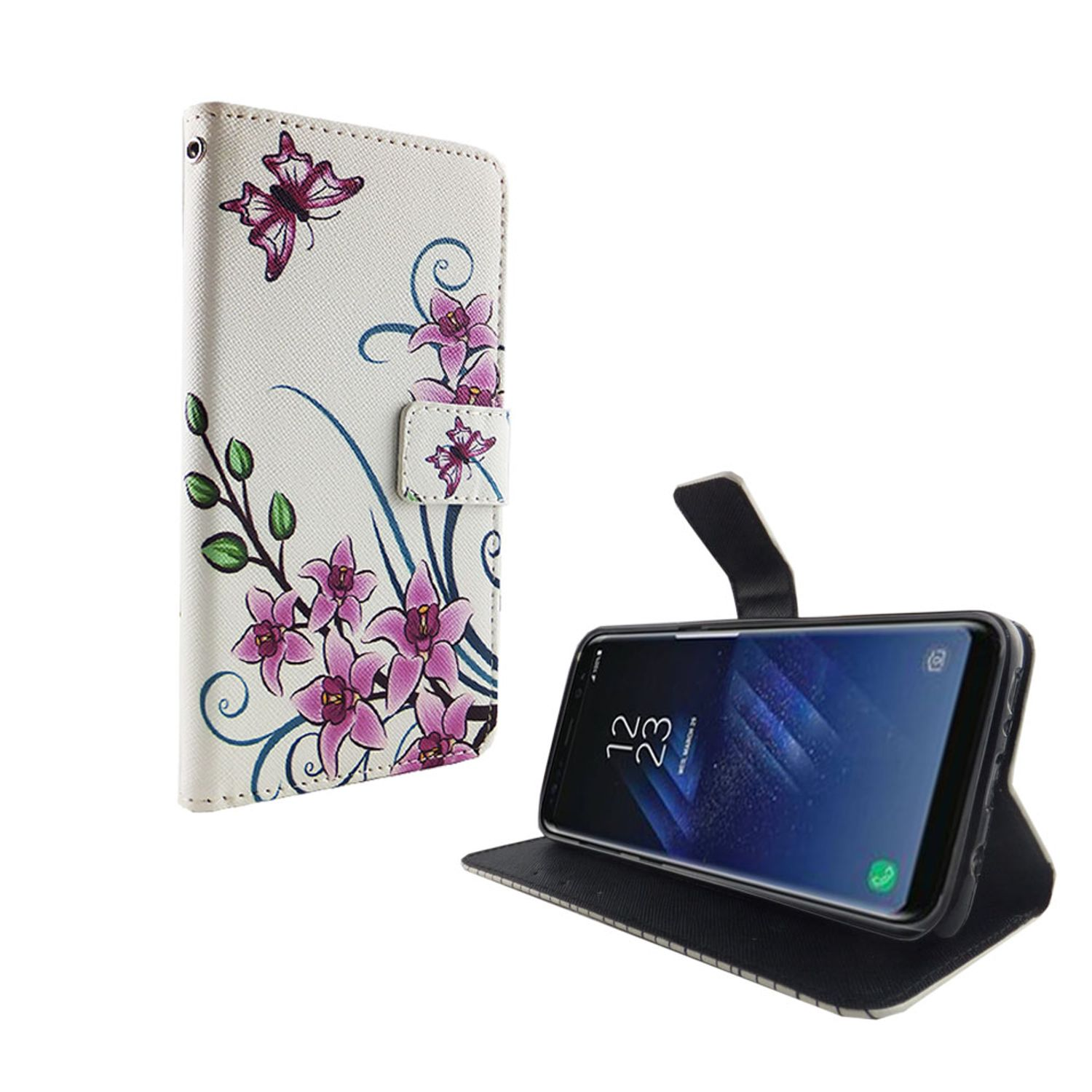 Weißes Handycase mit lila Blumen und einem Handy. Schwarzer Bildschirm zeigt Zeit und Datum.