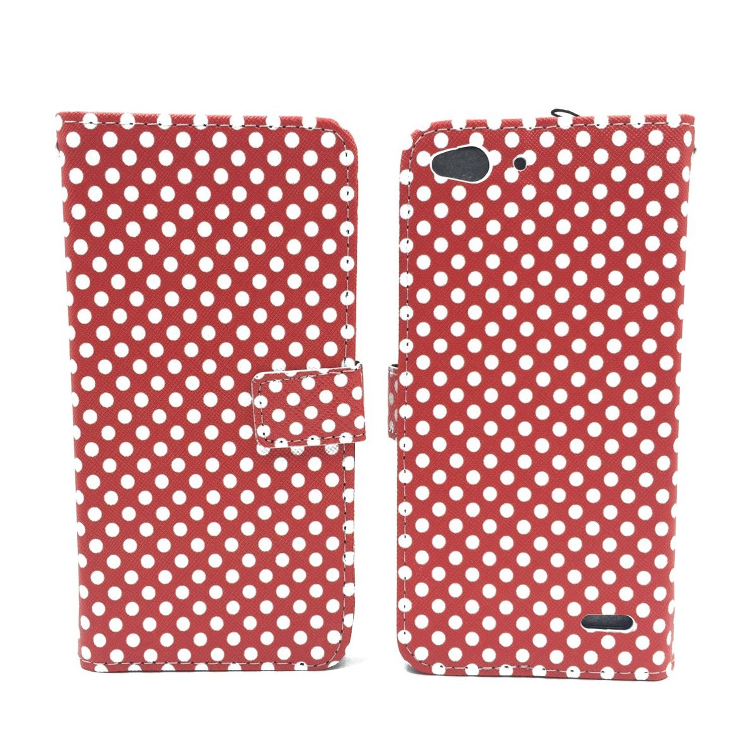 Rote Handyhülle mit weißen Punkten. Weißer Hintergrund. Hülle ist offen mit Telefon darin.