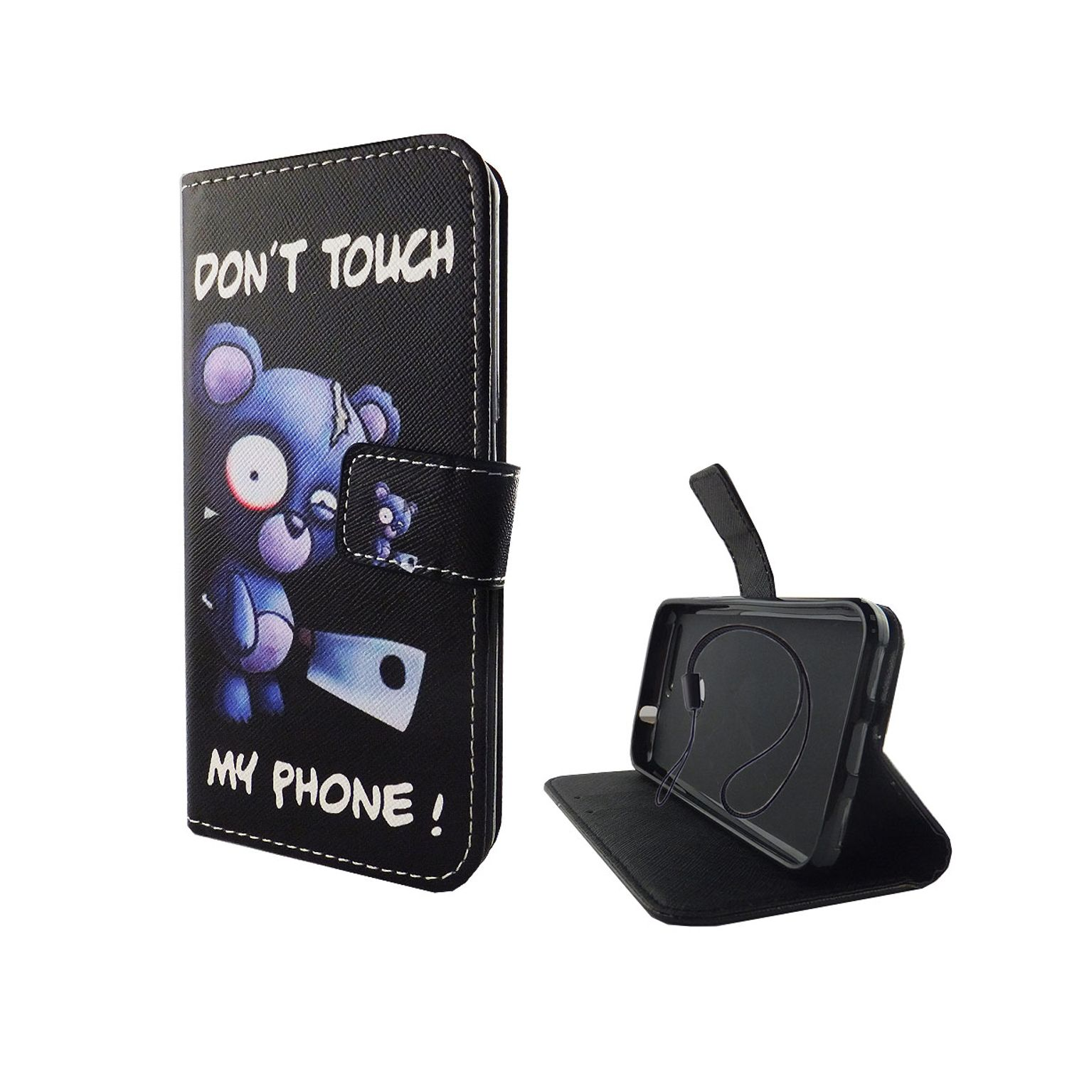 Schwarze Handyhülle mit Cartoon-Bär und Text 'DON'T TOUCH MY PHONE!' und ein Telefon.