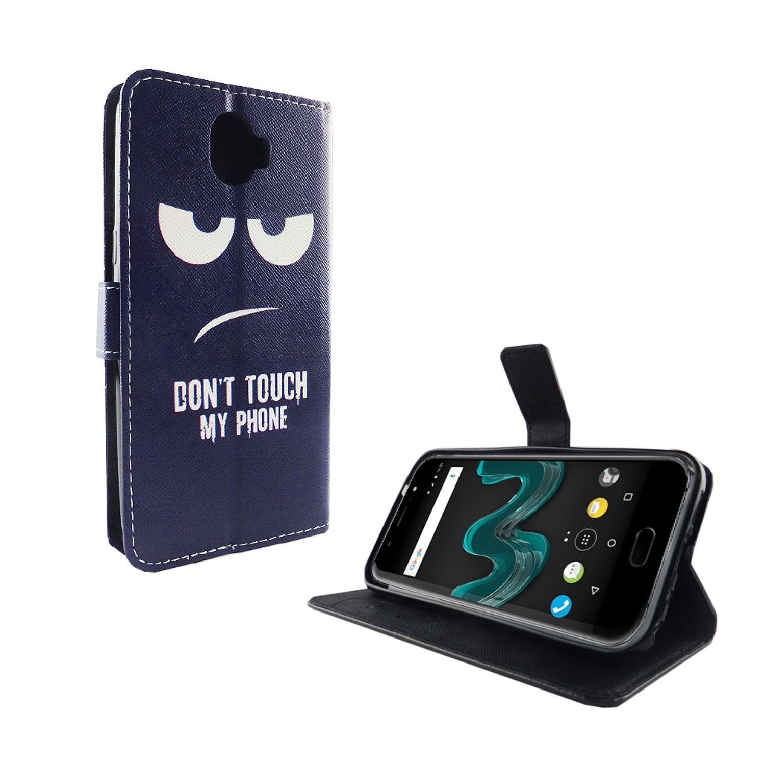 Marineblaue Handyhülle mit wütenden Augen und den Worten "DON'T TOUCH MY PHONE." Ein Telefon ist darin.