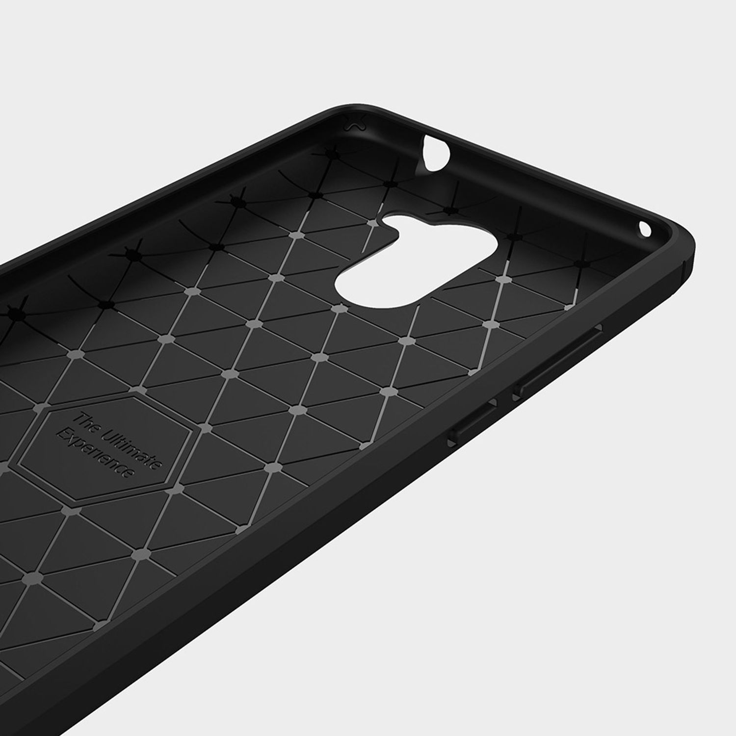 Schwarze Handyhülleninnenseite mit geometrischem Muster, weißer Hintergrund.