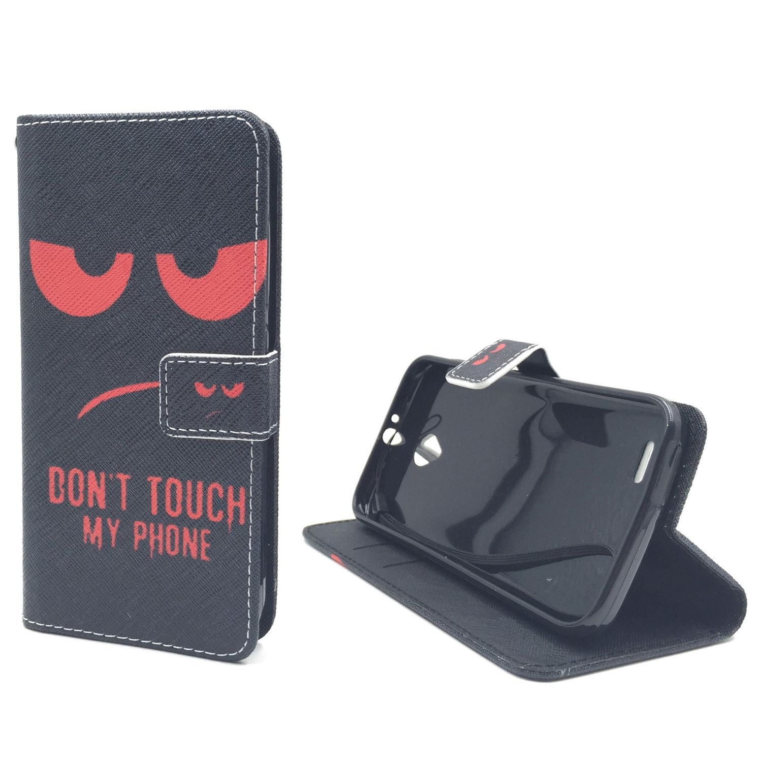 Schwarze Handyhülle mit roten wütenden Augen und Text 'Don't touch my phone'. Telefon ist in der geöffneten Hülle.