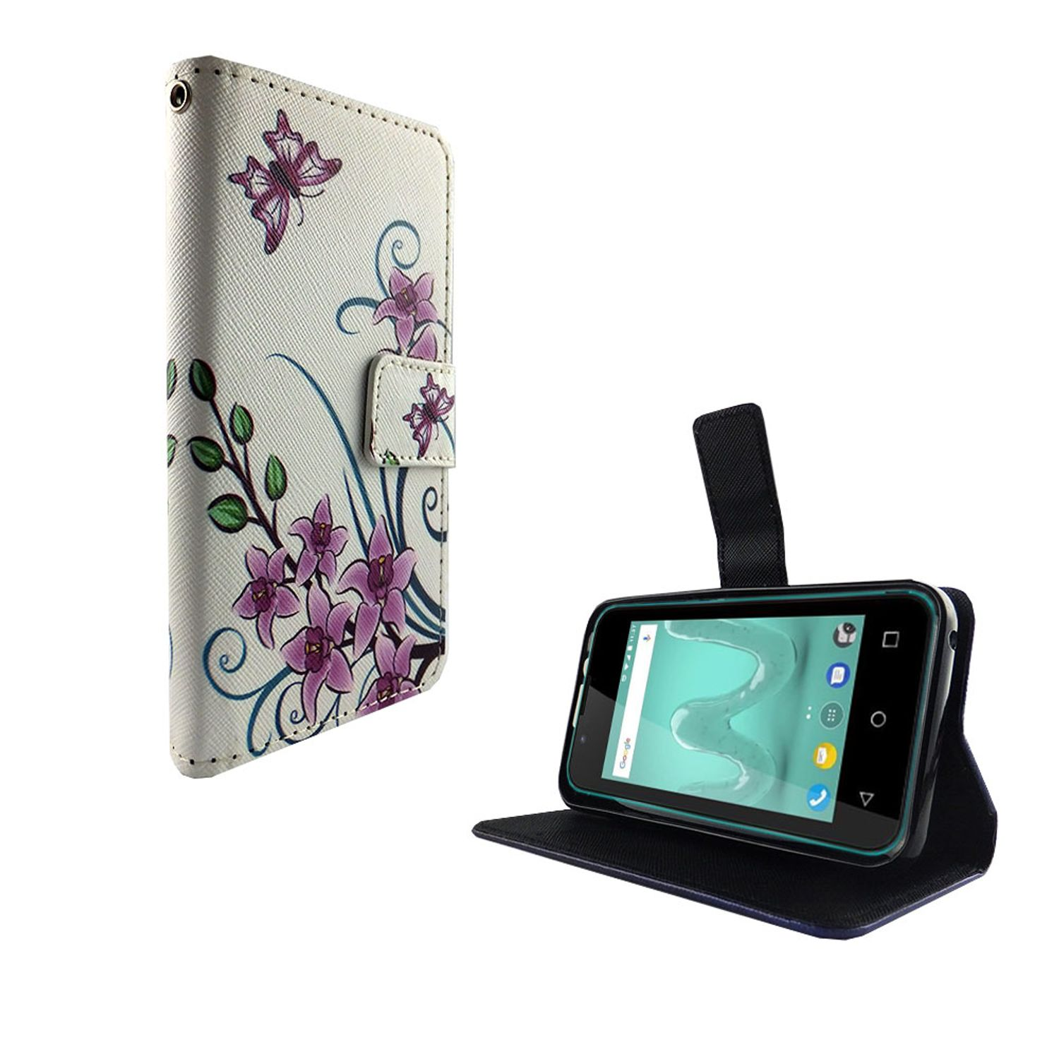 Handyhülle mit floralem Design. Weißer Hintergrund. Hülle ist offen mit Telefon darin.