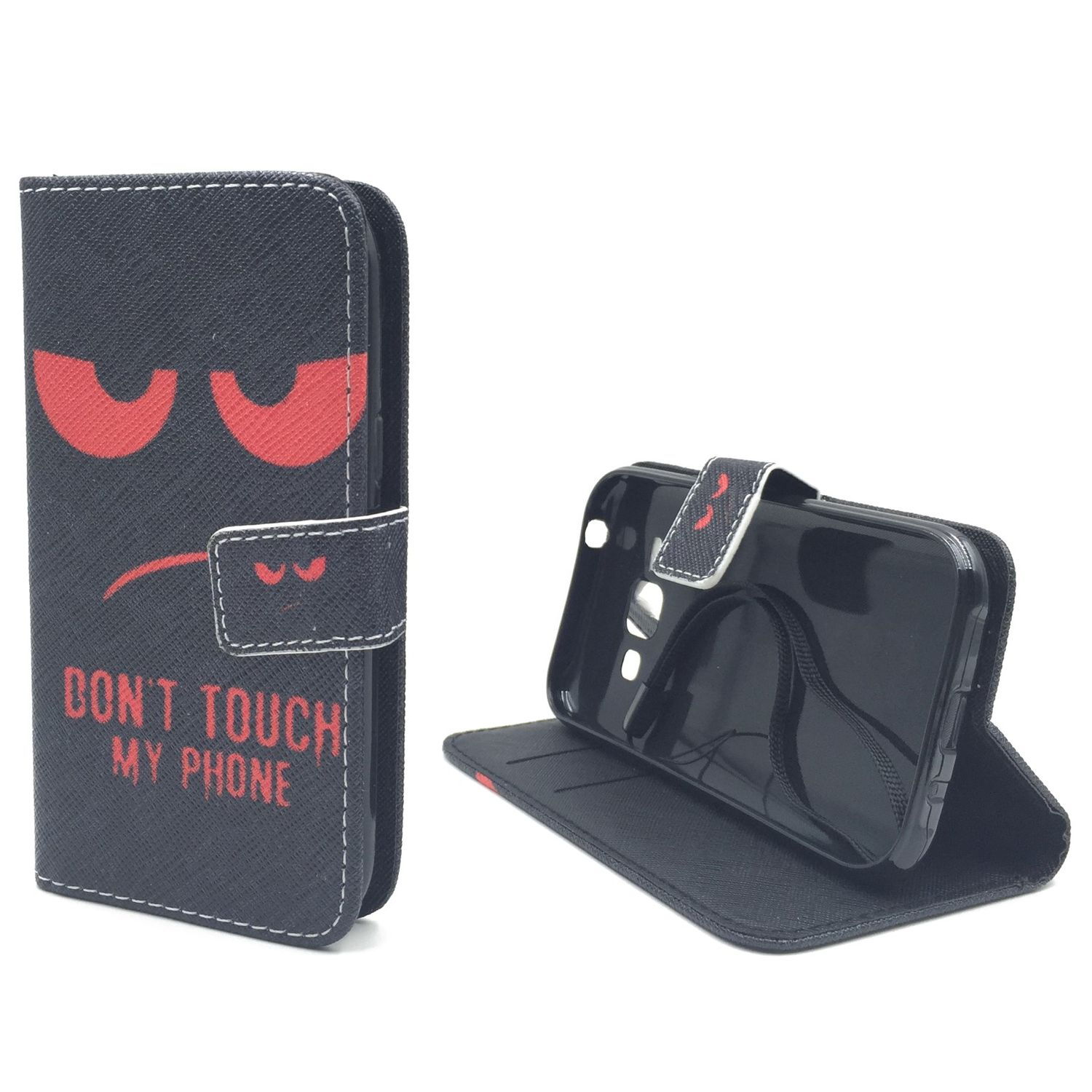 Handyhülle mit Gesicht und dem Text: 'Don't touch my phone'.