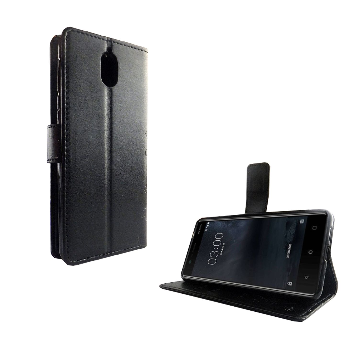 Schwarze Handyhülle mit Telefon. Das Telefon zeigt die Uhrzeit. Die Hülle ist offen.