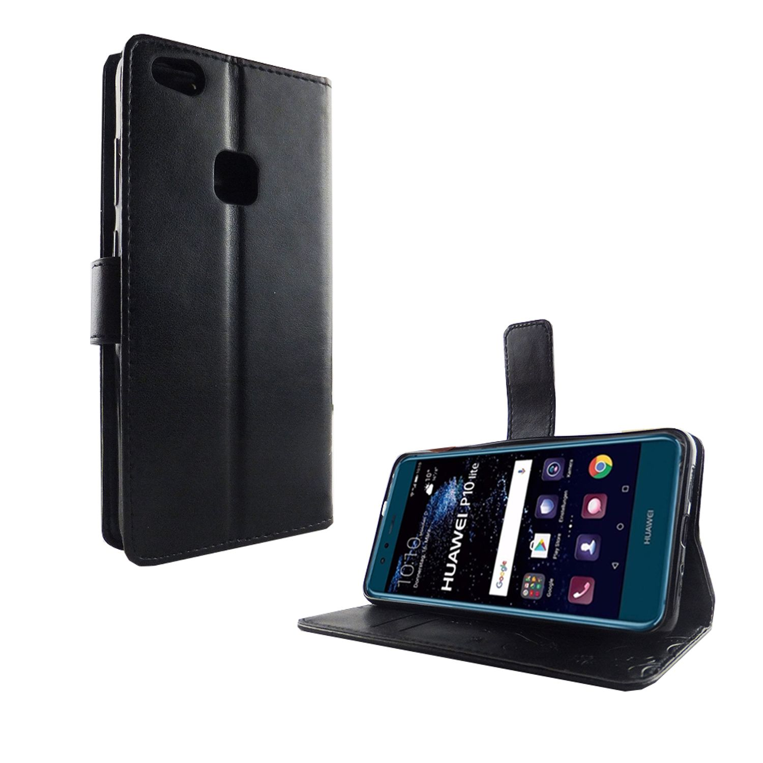 Schwarze Handyhülle mit Telefon darin. Telefon ist geöffnet. Weißer Hintergrund.