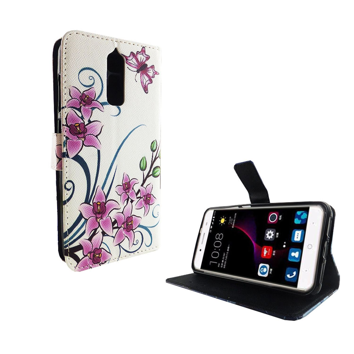 Handyhülle mit rosa Blumen und einem Schmetterling.
