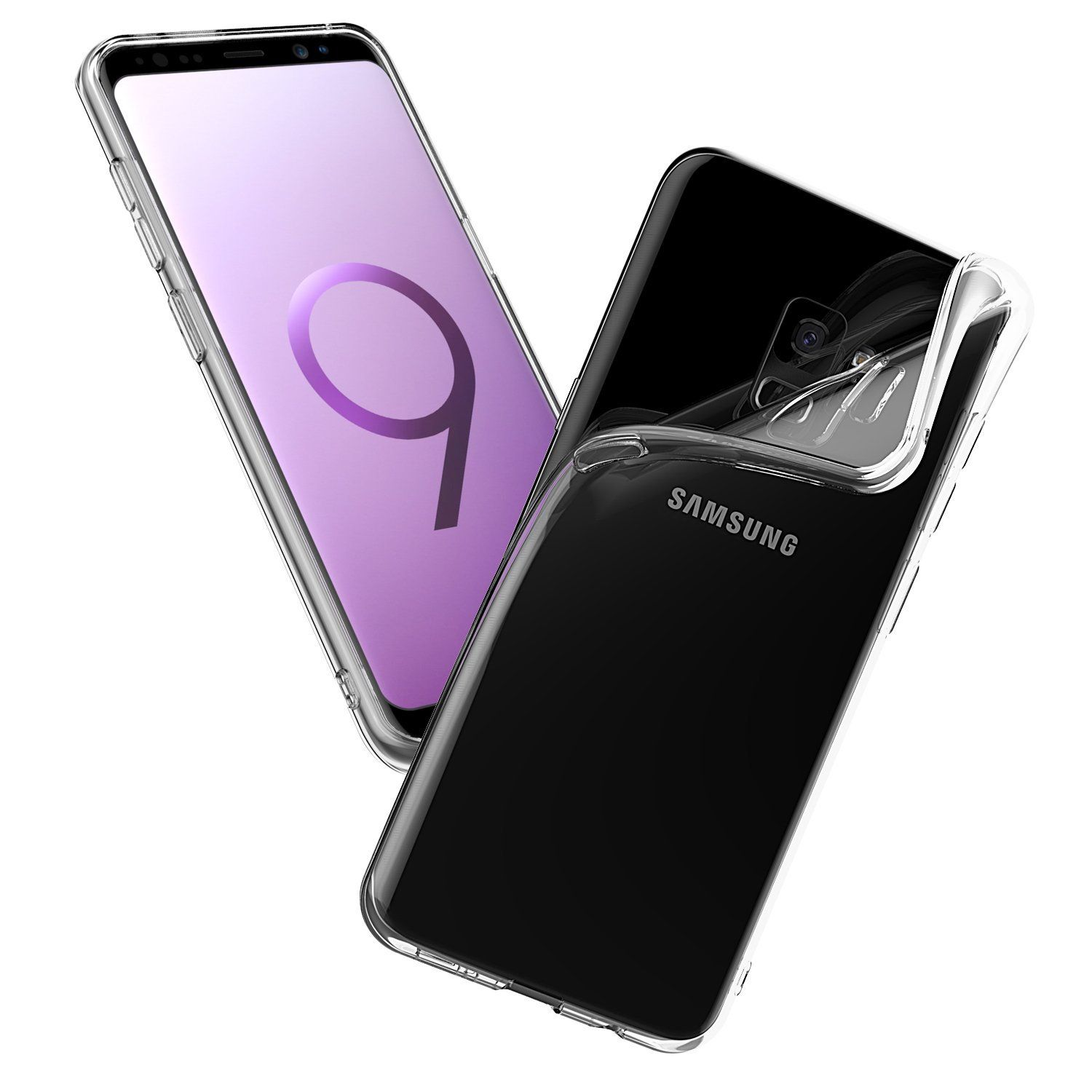 Zwei Handys, eine transparente Hülle. Samsung mit lila '9' auf dem Bildschirm und ein Handy in einer klaren Hülle.