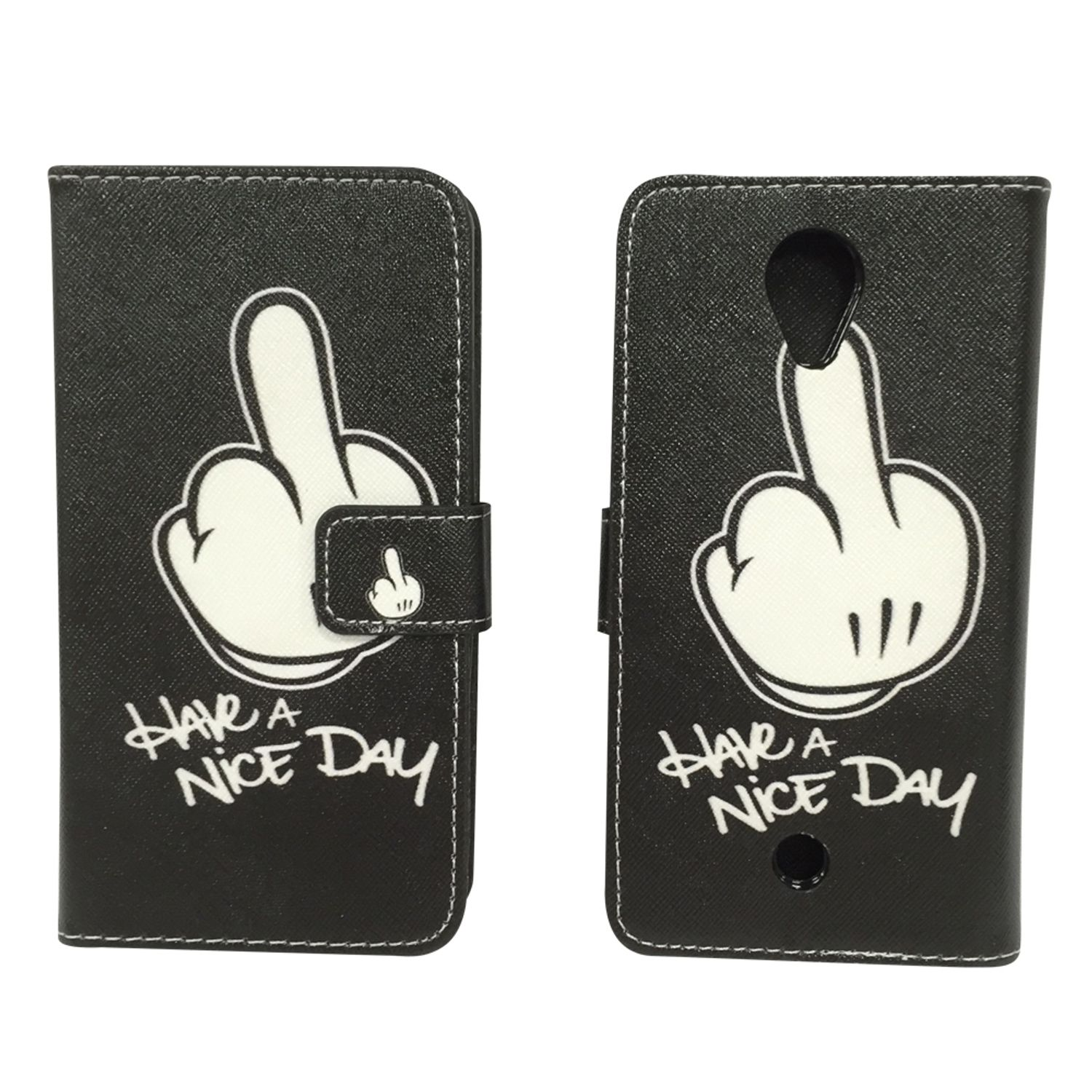 Schwarze Handyhülle mit Mittelfinger-Grafik und der Aufschrift 'Have a nice day'.