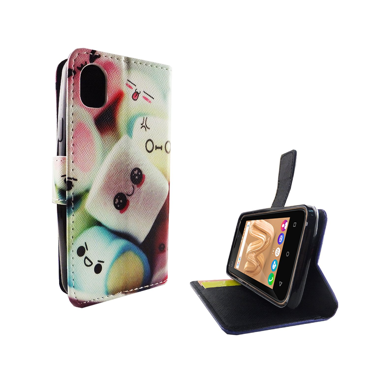 Handyhülle mit Marshmallows darauf. Das Telefon befindet sich auf der rechten Seite.