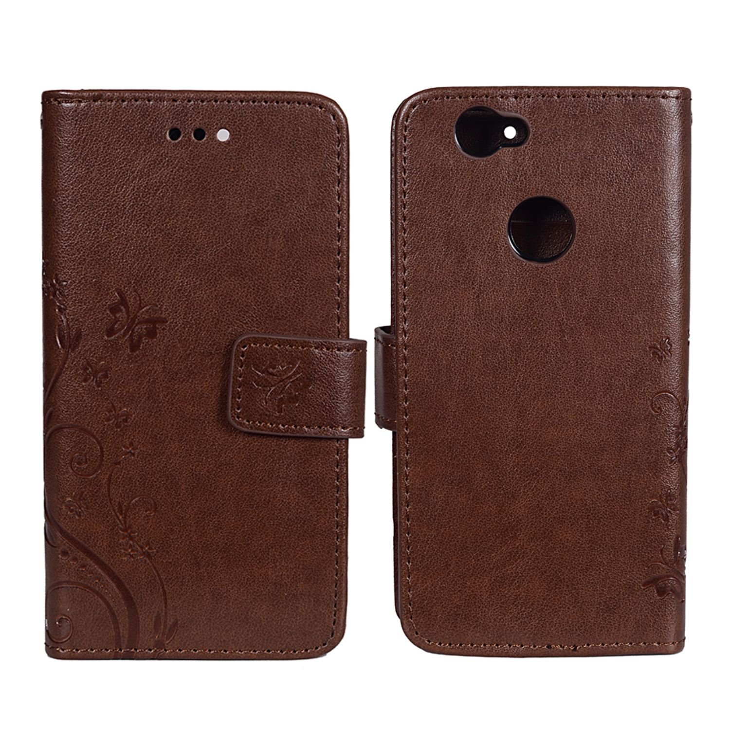 Eine braune Handyhülle mit floralem Design. Die Hülle ist offen und gibt die Rückseite des Telefons frei.