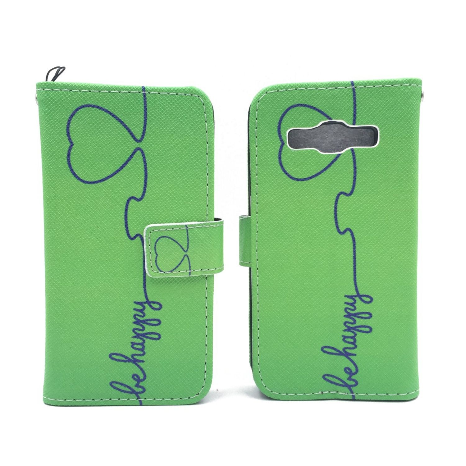 Grüne Handyhülle mit Herzform und dem Wort 'be happy' in Schreibschrift.