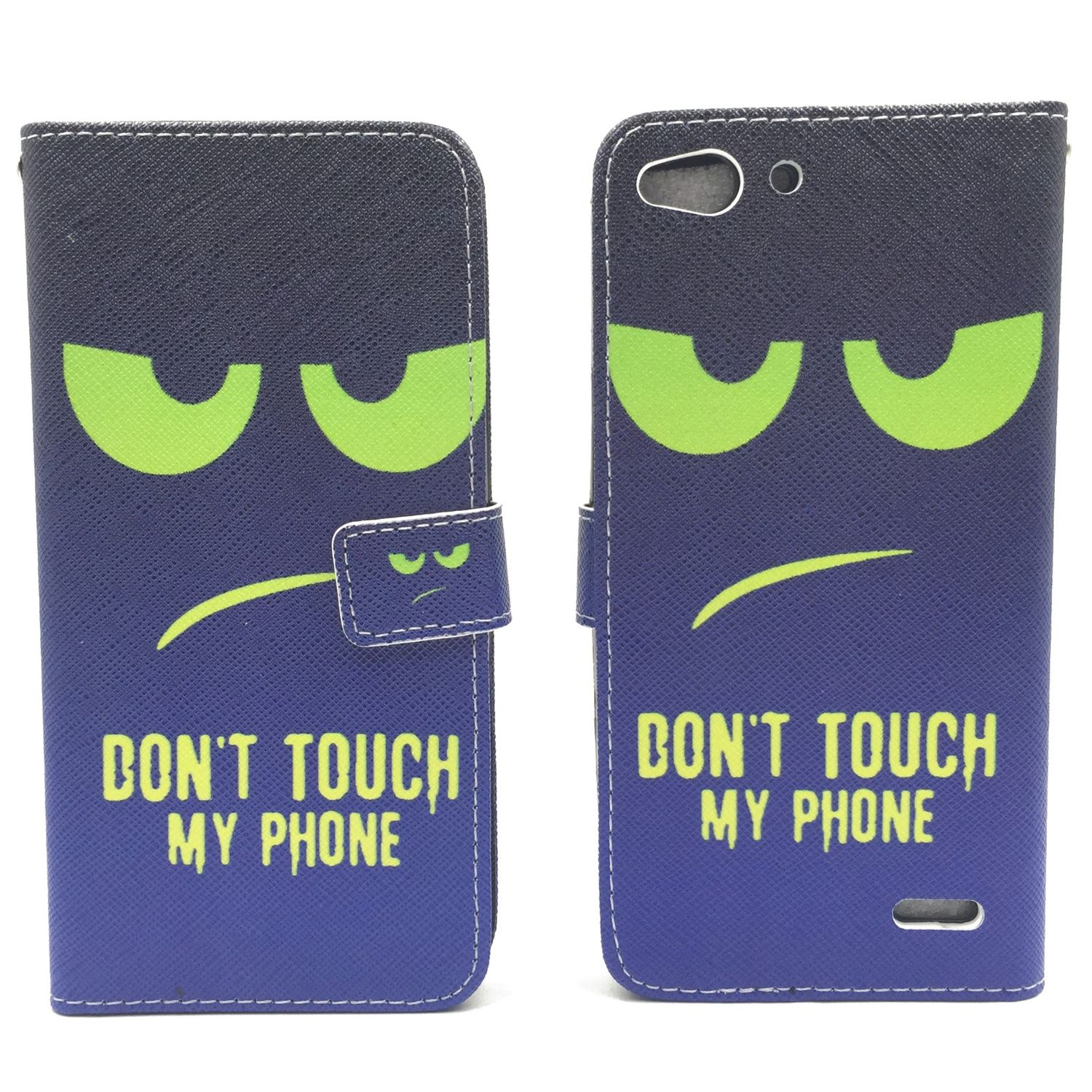 Handyhülle mit grimmigem Gesichtsdesign. Sie hat grüne Augen und den Text "DON'T TOUCH MY PHONE".
