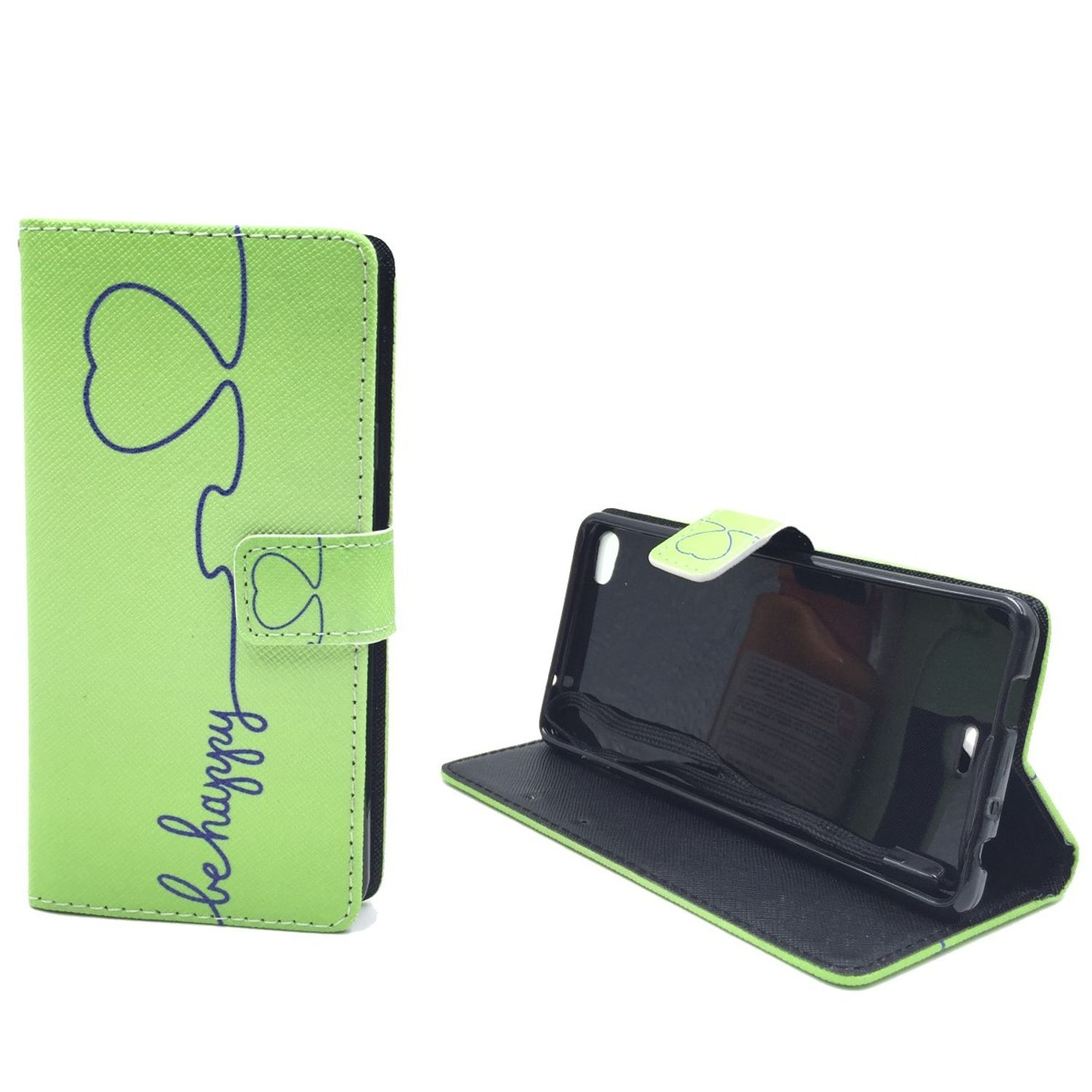 Grüne Handyhülle mit 'be happy' Text und Herz-Design, geöffnet, um ein Telefon zu zeigen.