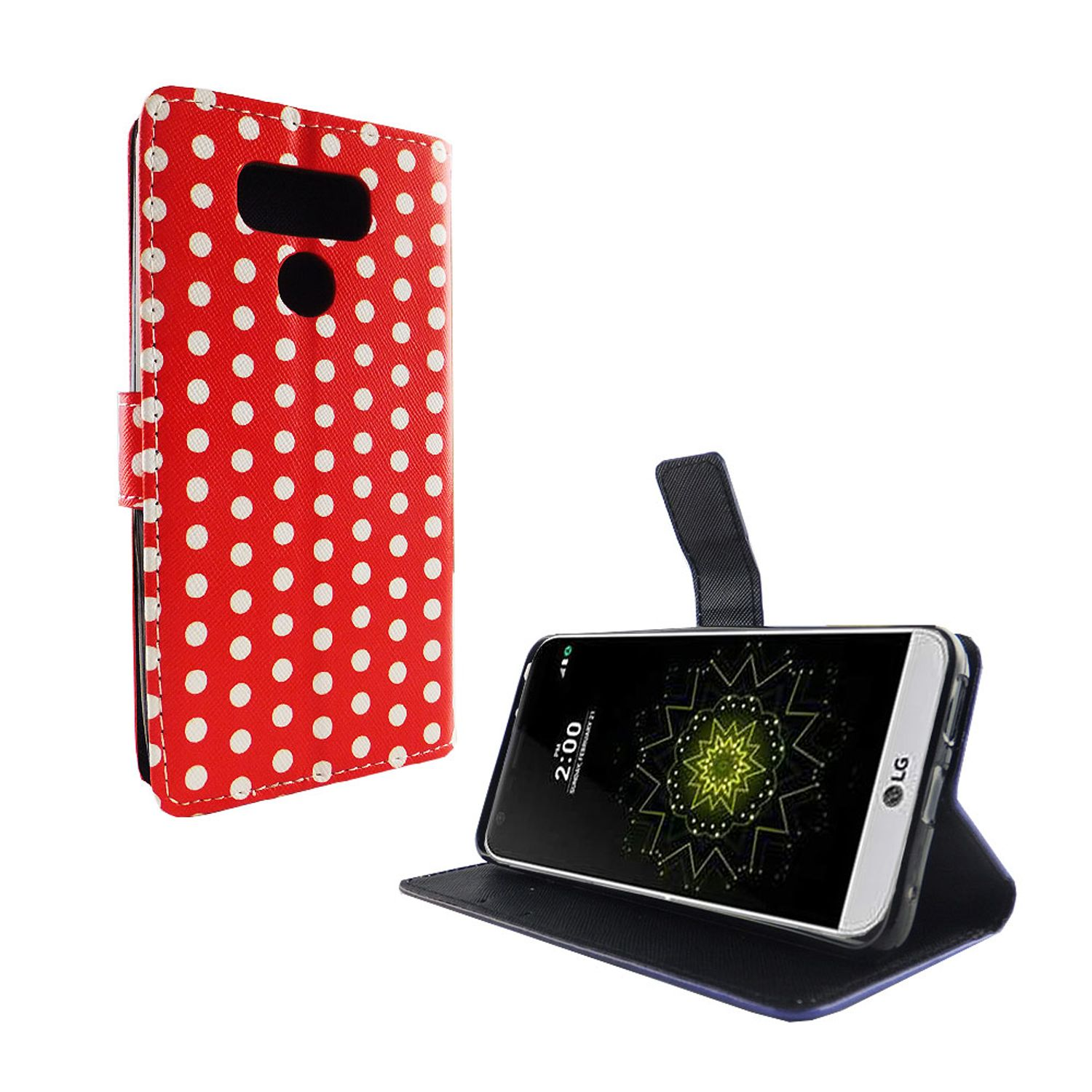 Rote Handyhülle mit weißen Punkten. Weißer Hintergrund. Telefon befindet sich in der Hülle.