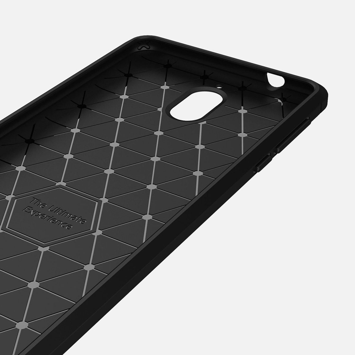 Eine schwarze Handyhülle mit geometrischem Design. Das Design besteht aus grauen Linien und Dreiecken.