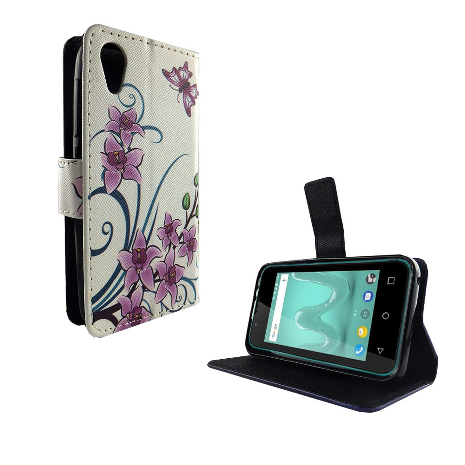 Ein Telefon in einer weißen Hülle mit lila Blumen und einem Schmetterling, neben einer offenen Handyhülle.