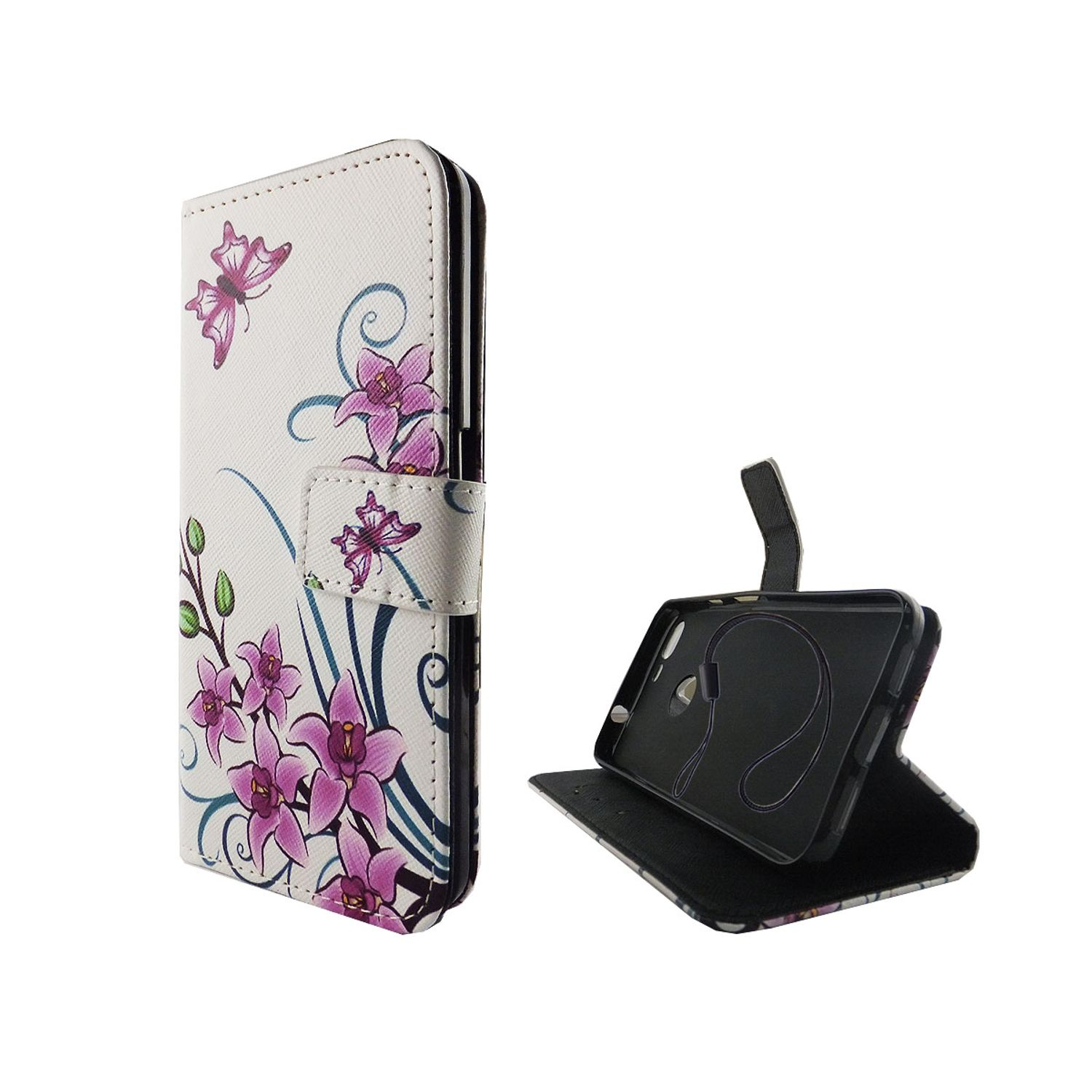 Eine Handyhülle mit Blumen, einem Schmetterling und einem stehenden Telefon.