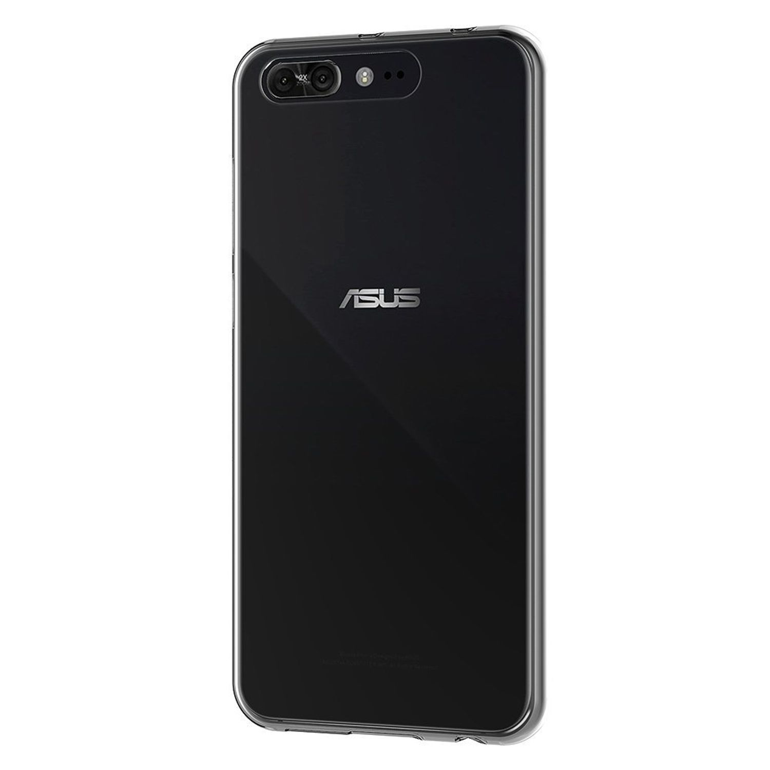 Schwarzes ASUS-Telefon mit Dual-Kameras. Das Telefon befindet sich in einer durchsichtigen Hülle.