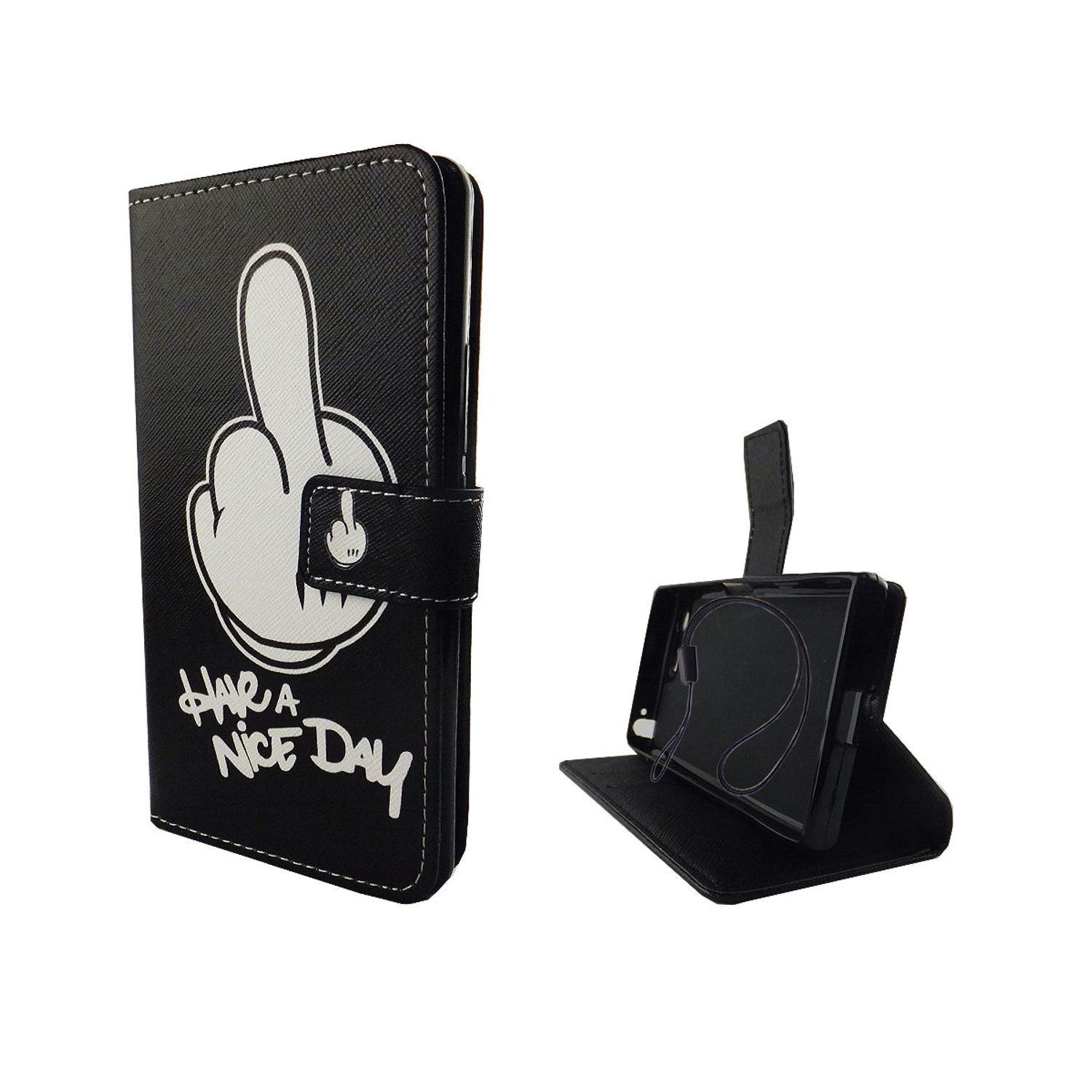 Handy-Hülle mit Mittelfinger und Text 'HAVE A NICE DAY'. Ein Telefon befindet sich in der Hülle.