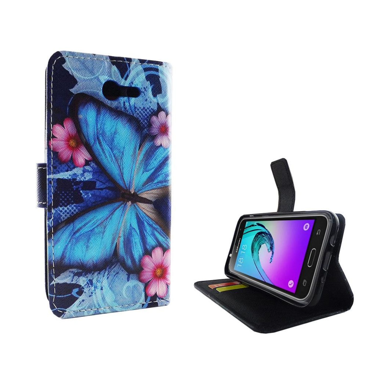 Blaue Schmetterlings-Handyhülle, Telefon im Ständer, weißer Hintergrund.