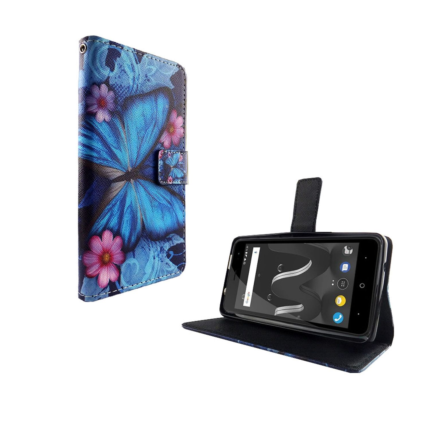 Handyhülle mit Schmetterlings- und Blumendesign. Ein Telefon befindet sich in der geöffneten Hülle.