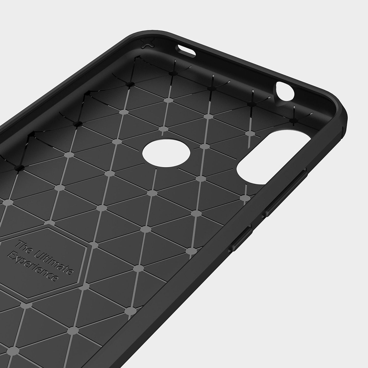 Schwarze Handyhülle mit geometrischem Muster und dem Text 'The Ultimate Experience'.