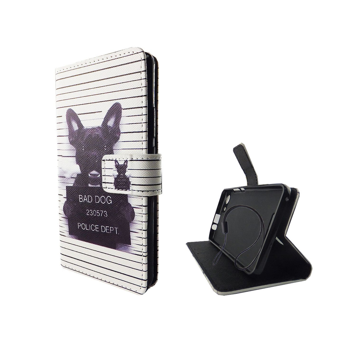 Handyhülle mit einem Hund-Mugshot-Design. Schwarz-weiß gestreifter Hintergrund und Text.