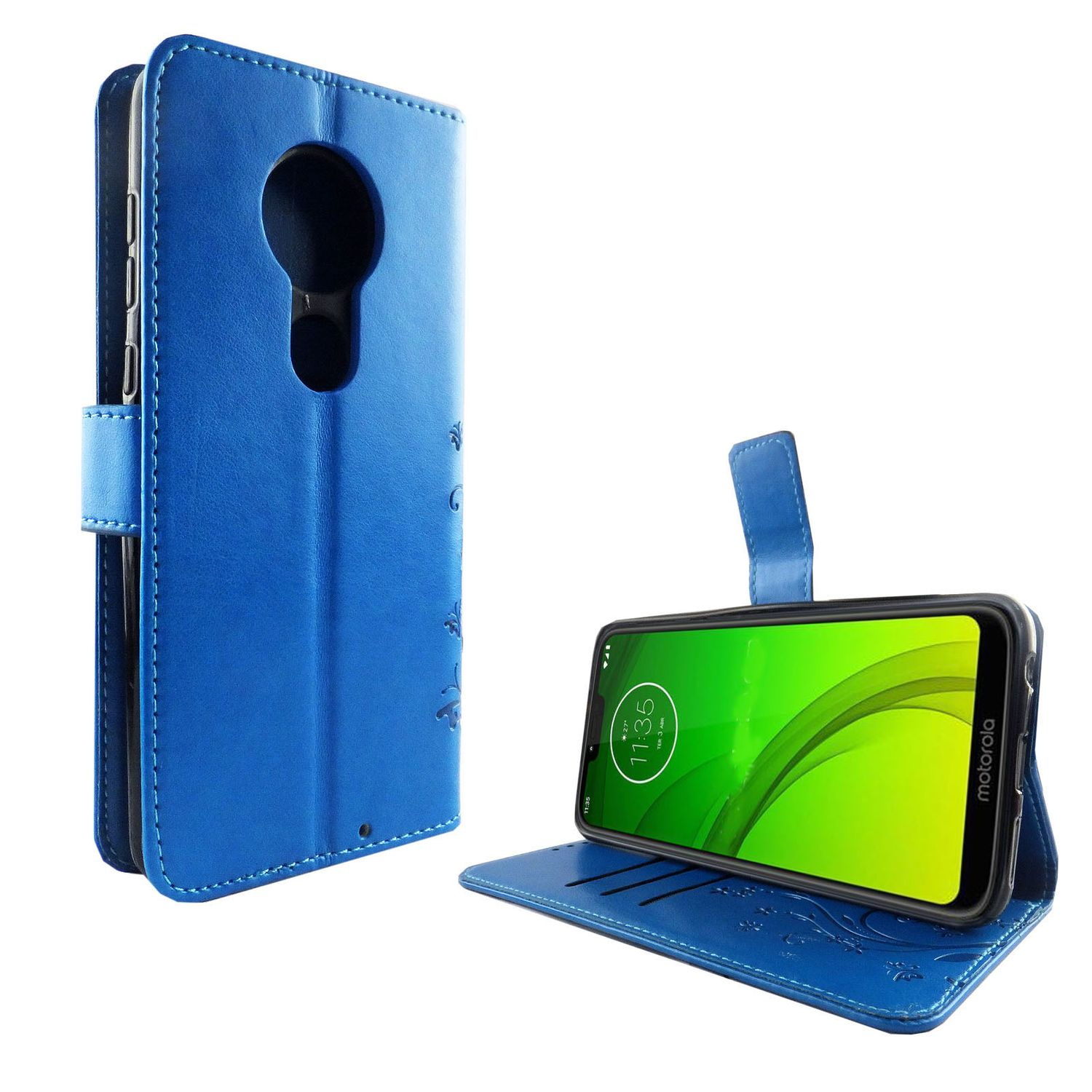 Blaue Handyhülle mit Blumendesign und ein Telefon im Inneren. Das Telefon zeigt die Uhrzeit an. Weißer Hintergrund.