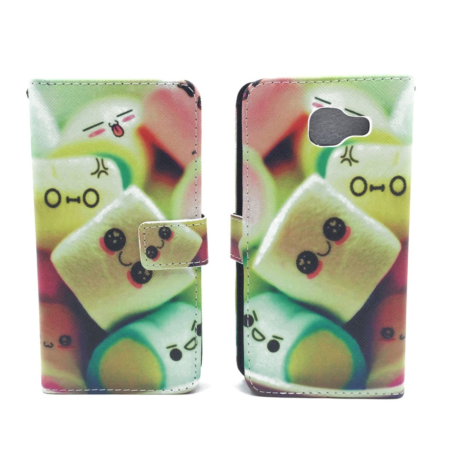 Handyhülle mit Marshmallow-Gesichtern. Die Hülle ist offen und zeigt das Telefon darin. Weißer Hintergrund.
