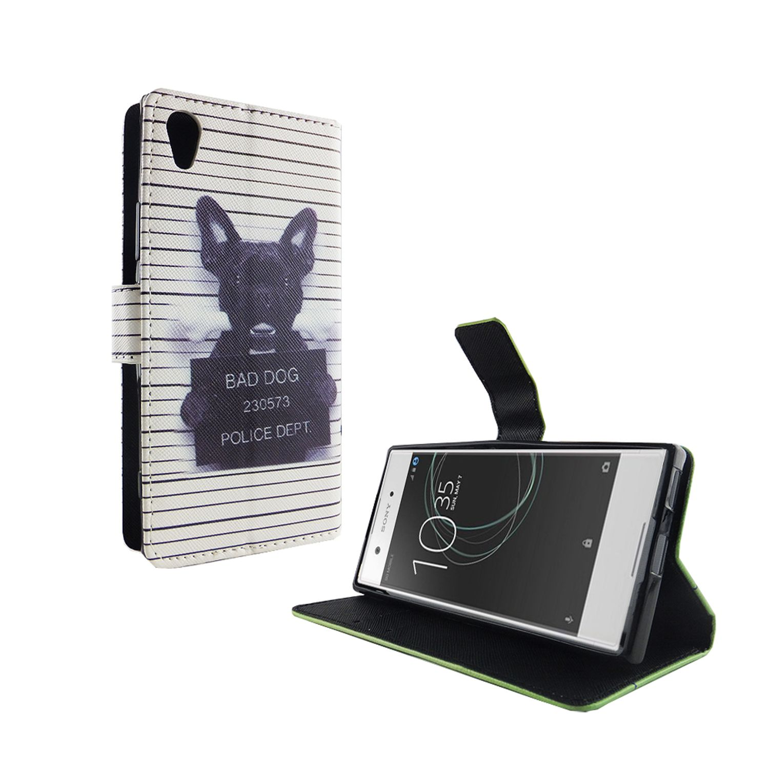 Handyhülle mit einem Hunde-Fahndungsfoto. Das Telefon steht auf einem Ständer.