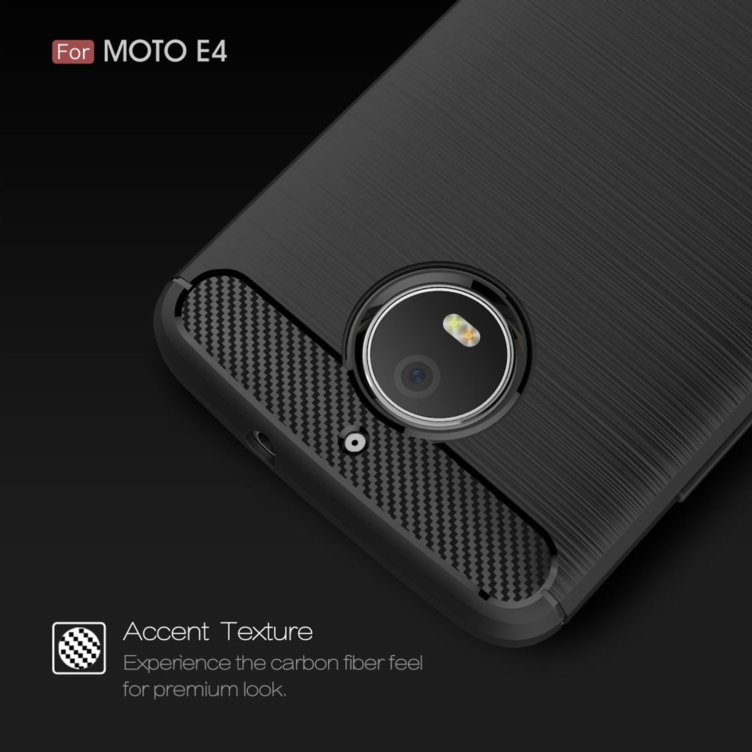 Schwarze Handyhülle mit Karbonfasertextur. Text 'For MOTO E4'. Nahaufnahme.