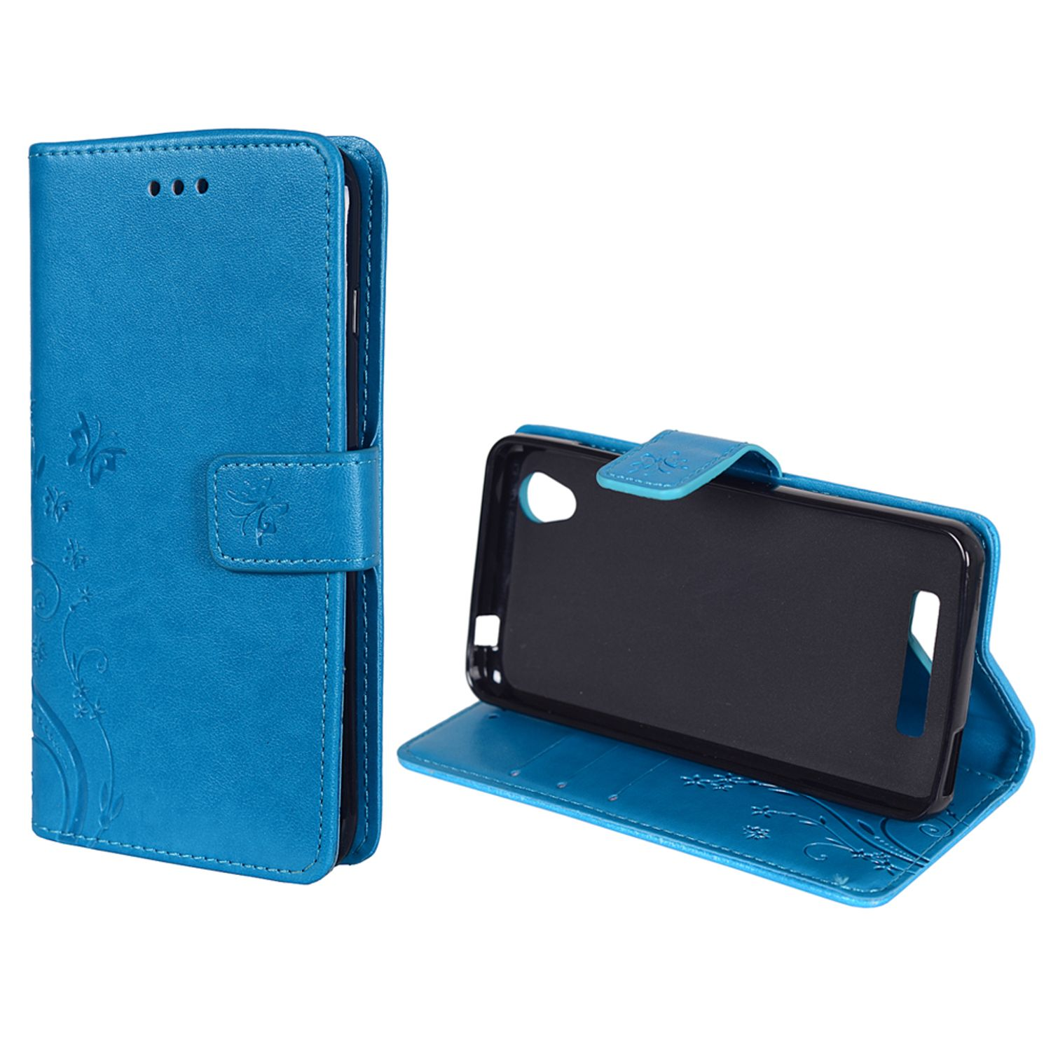 Blaue Handyhülle mit Blumendesign. Telefon im Inneren angezeigt. Weißer Hintergrund. Eine blaue Handyhülle mit Blumendesign.