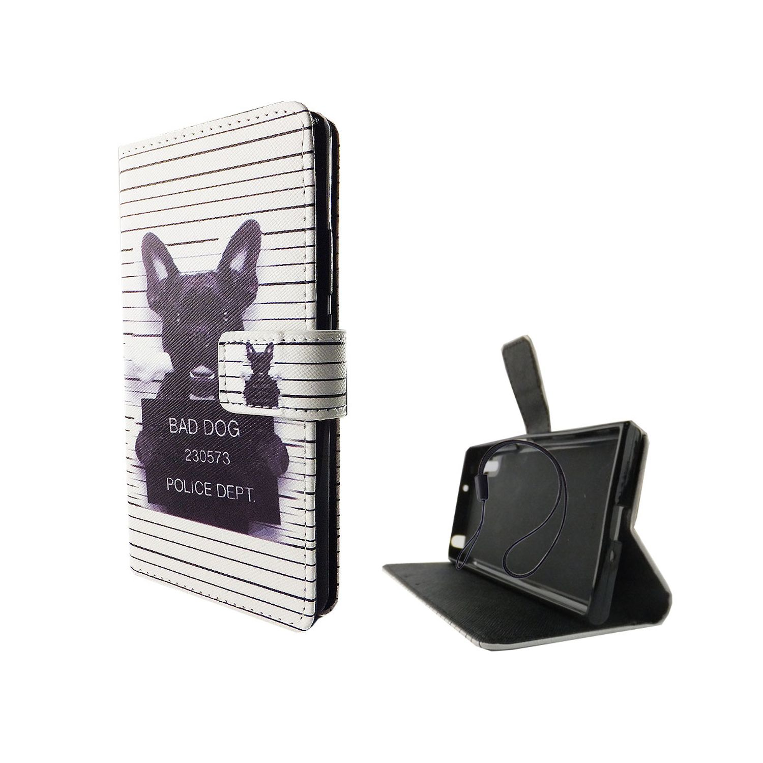 Weißes Handycase mit Hundefoto. Die Worte "BAD DOG" und "POLICE DEPT." stehen darauf.