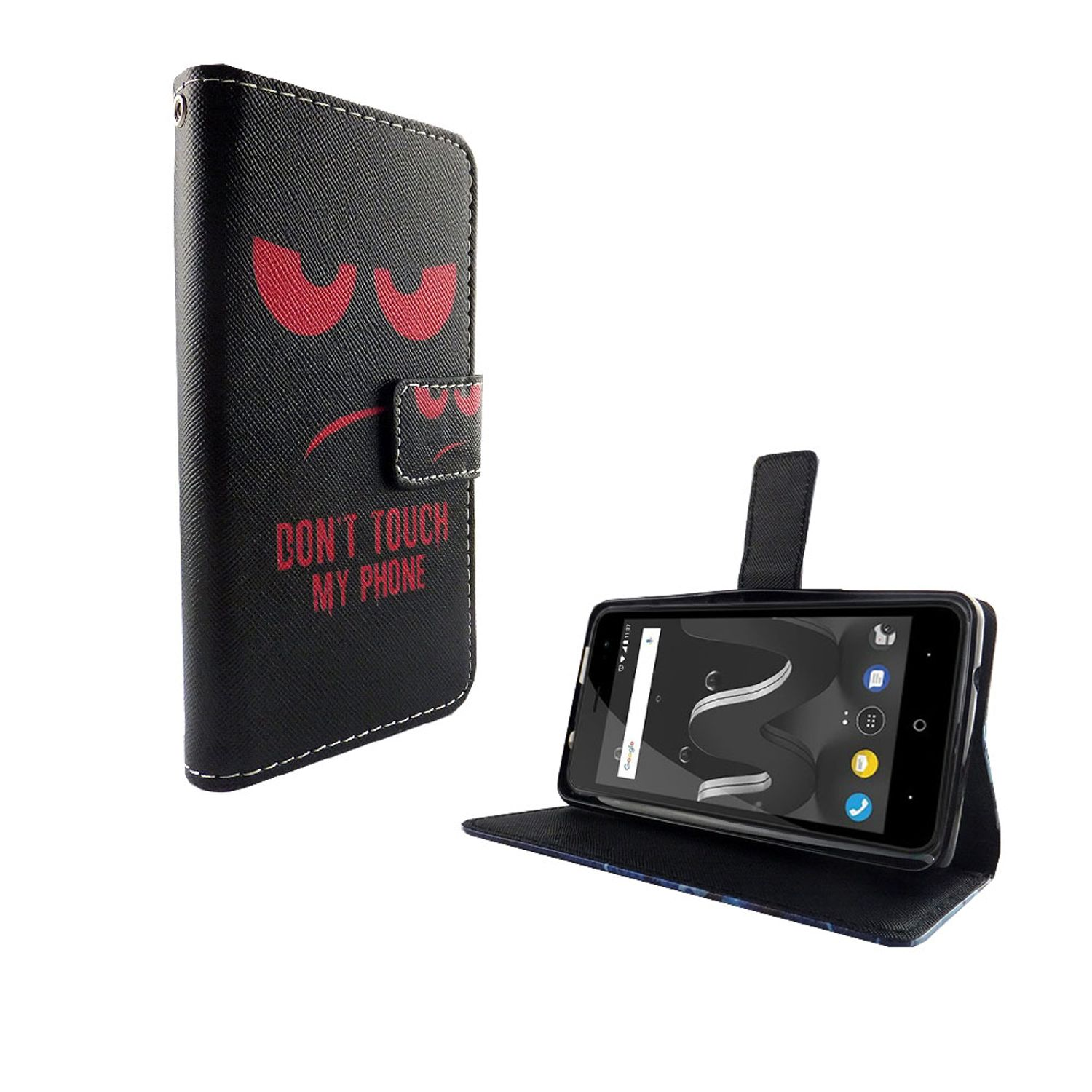 Schwarze Handyhülle mit roten Augen und den Worten „BERÜHREN SIE MEIN HANDY NICHT“. Telefon befindet sich im offenen Etui.