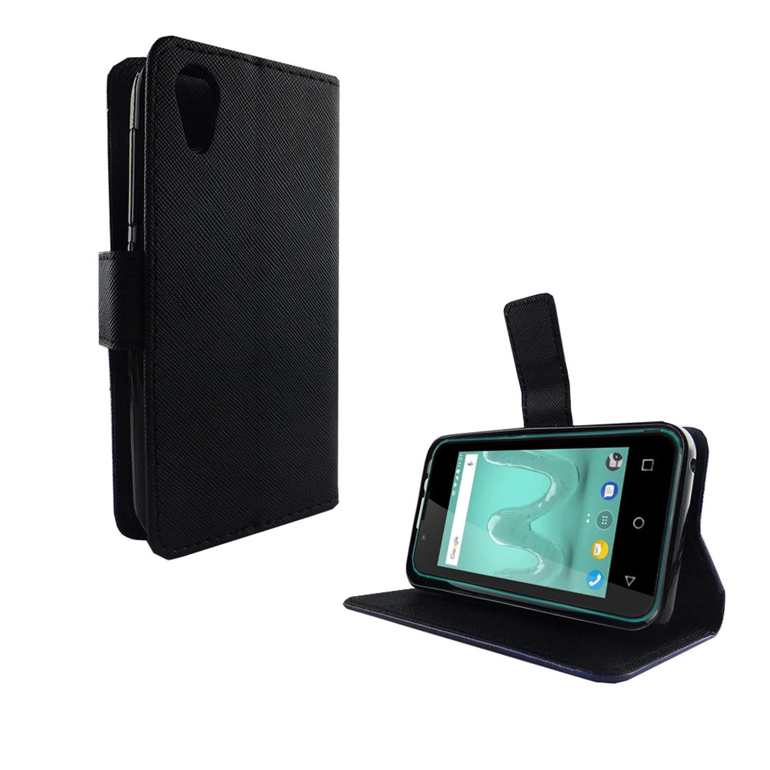 Schwarze Handyhülle mit einem Telefon im Inneren. Die Hülle ist offen. Der Telefonbildschirm ist sichtbar und zeigt die Benutzeroberfläche.