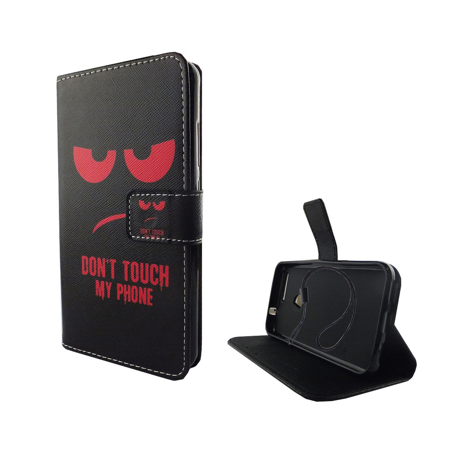 Schwarze Handyhülle mit wütendem Gesicht, Text 'DON'T TOUCH MY PHONE'. Telefon innen, schwarzer Hintergrund.