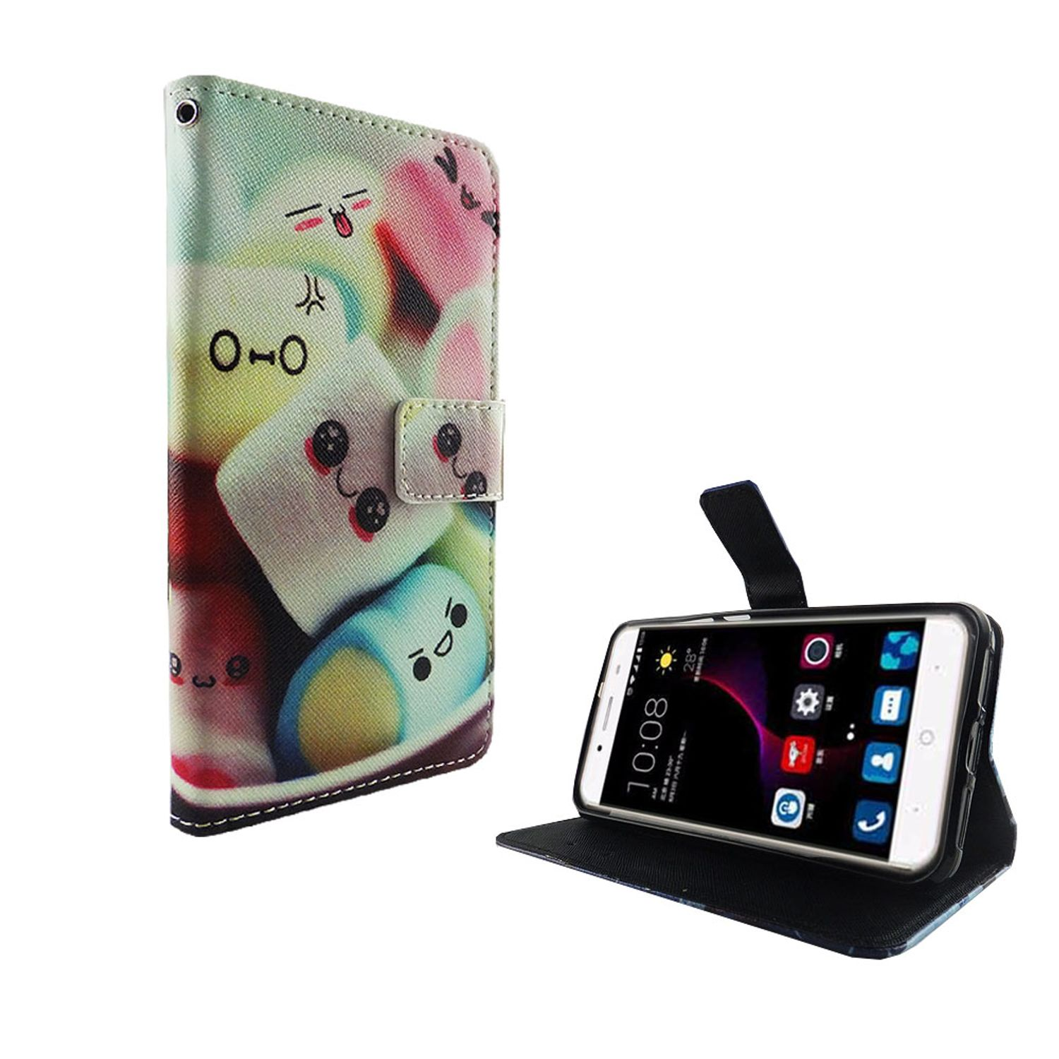Handyhülle mit Marshmallow-Design, Telefon darin. Weißer Hintergrund. Telefonbildschirm zeigt die Zeit.