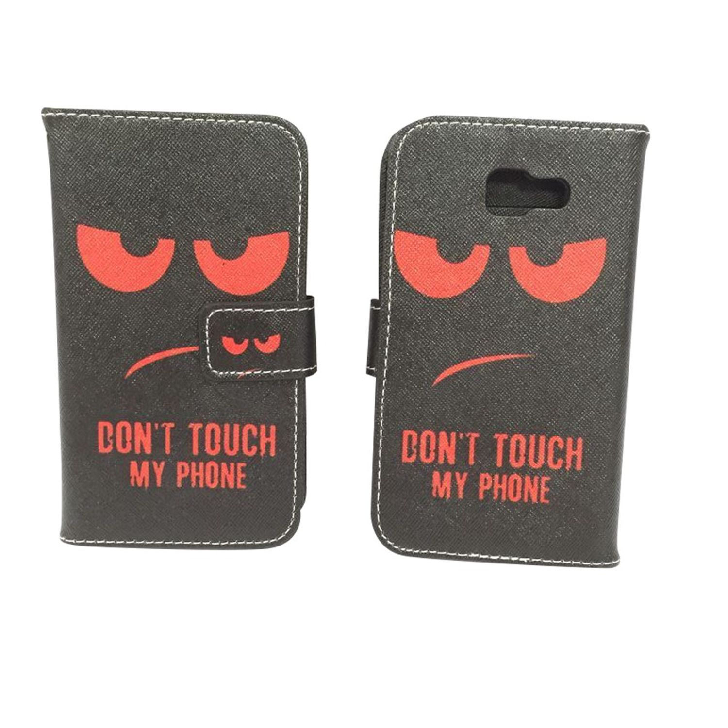 Schwarze Handyhülle mit roten, wütenden Augen und dem Text "DON'T TOUCH MY PHONE". Geöffnete und geschlossene Ansichten.