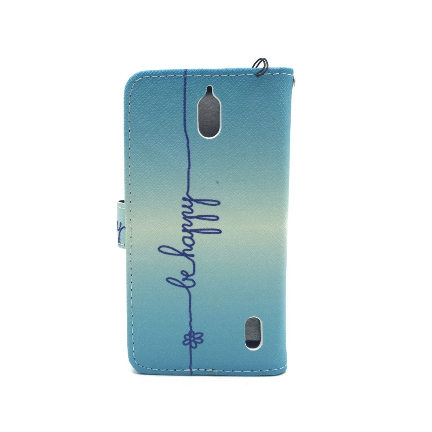Blaue Handyhülle mit dem Wort 'be happy' und einer Blumengrafik.