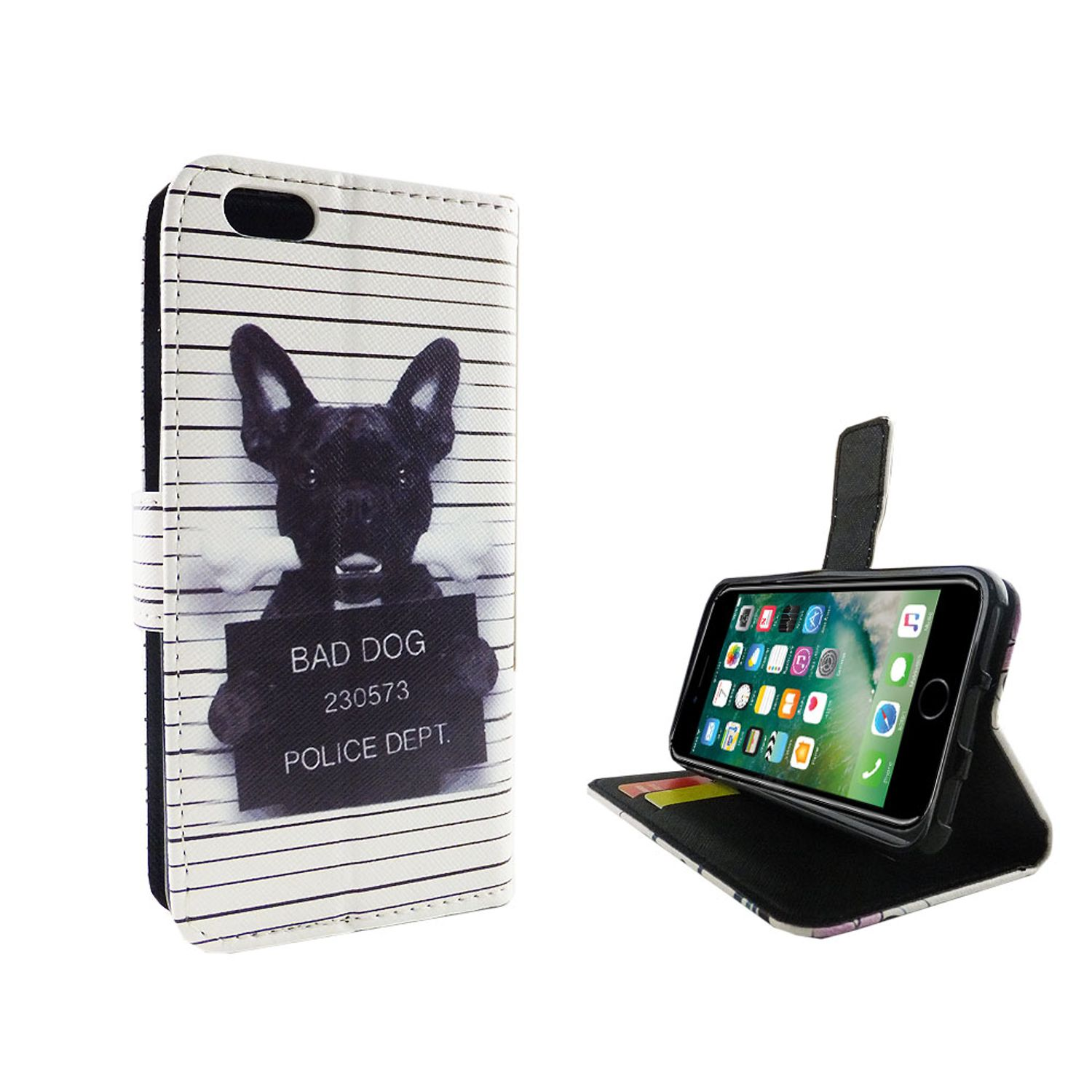 Handyhülle mit Hund und Text 'BAD DOG'. Telefon ist in der Hülle.