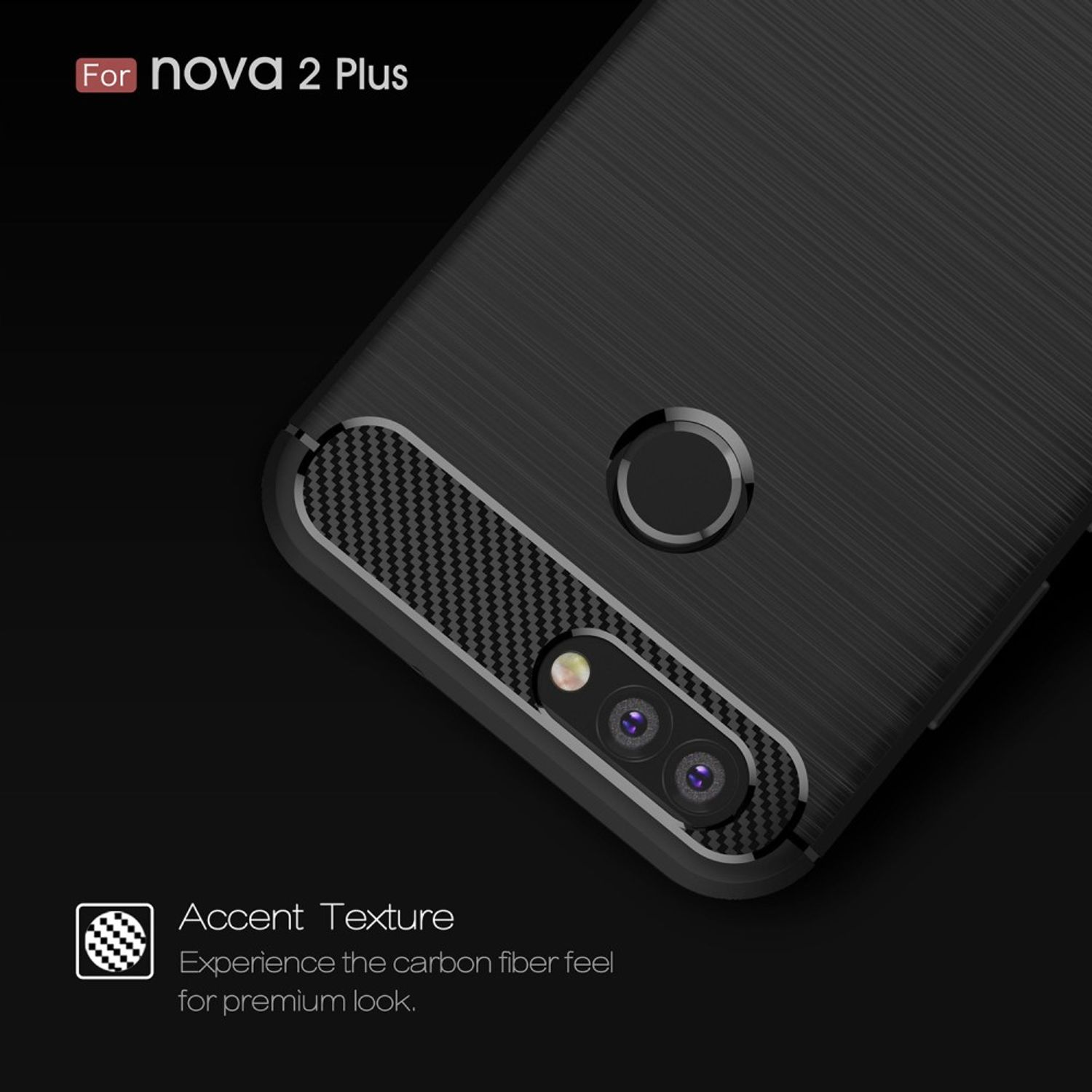 Schwarze Handyhülle mit strukturierter Oberfläche. Text: Für nova 2 Plus.