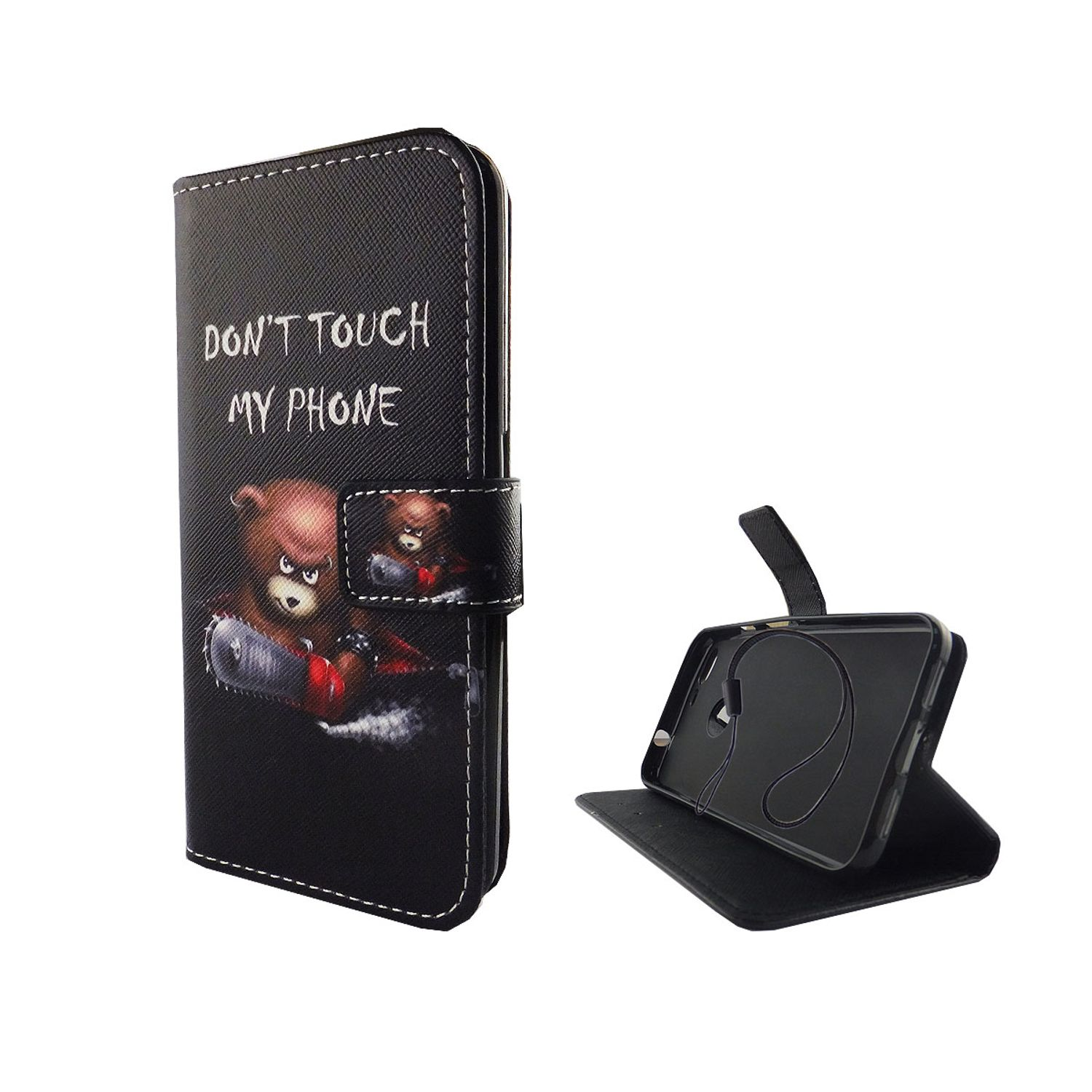 Schwarze Handyhülle mit wütendem Bär-Design, Text: Berühre mein Handy nicht. Telefon im Ständer, schwarz.