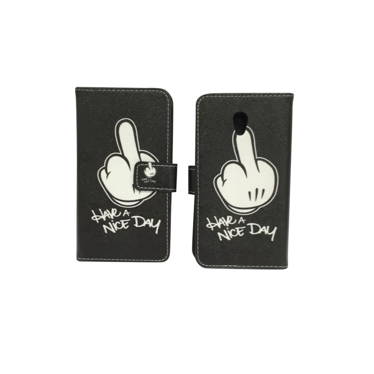 Schwarze Handyhülle mit weißer Handgeste und 'Have a nice day' Text.