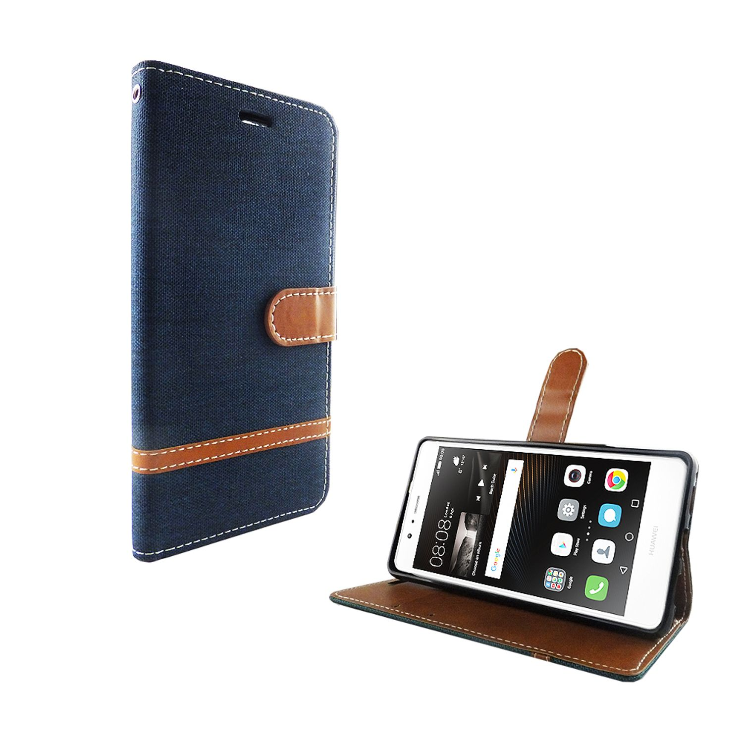 Blaue Handyhülle mit braunen Akzenten, Telefon geöffnet. Telefon zeigt Bildschirm mit Zeit und Symbolen.